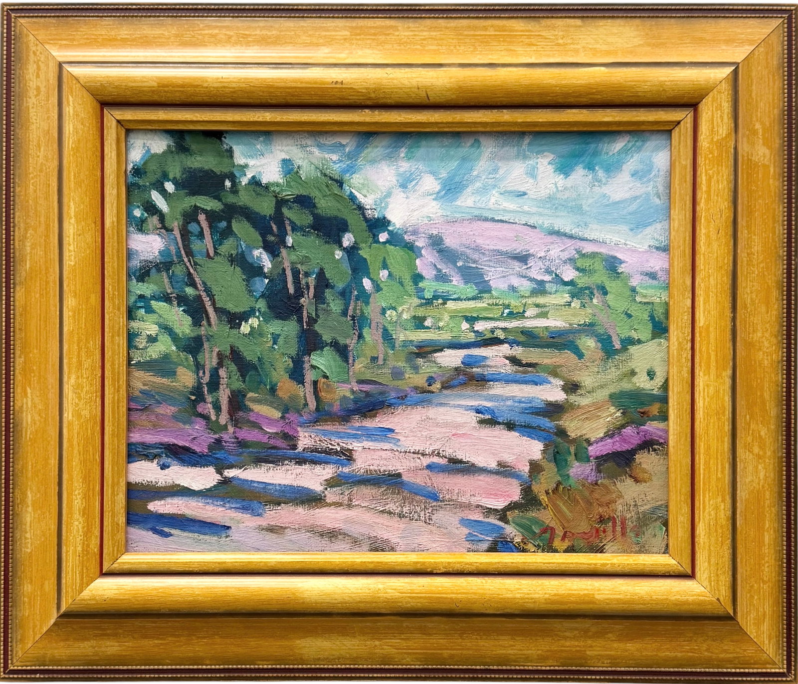 Contemporary Plein Air Impressionist Landscape, 'Racing Past the Trees' (2015): Oil painting on board 14 x 11 in, 20 x 17 in (framed). Signed illegibly.