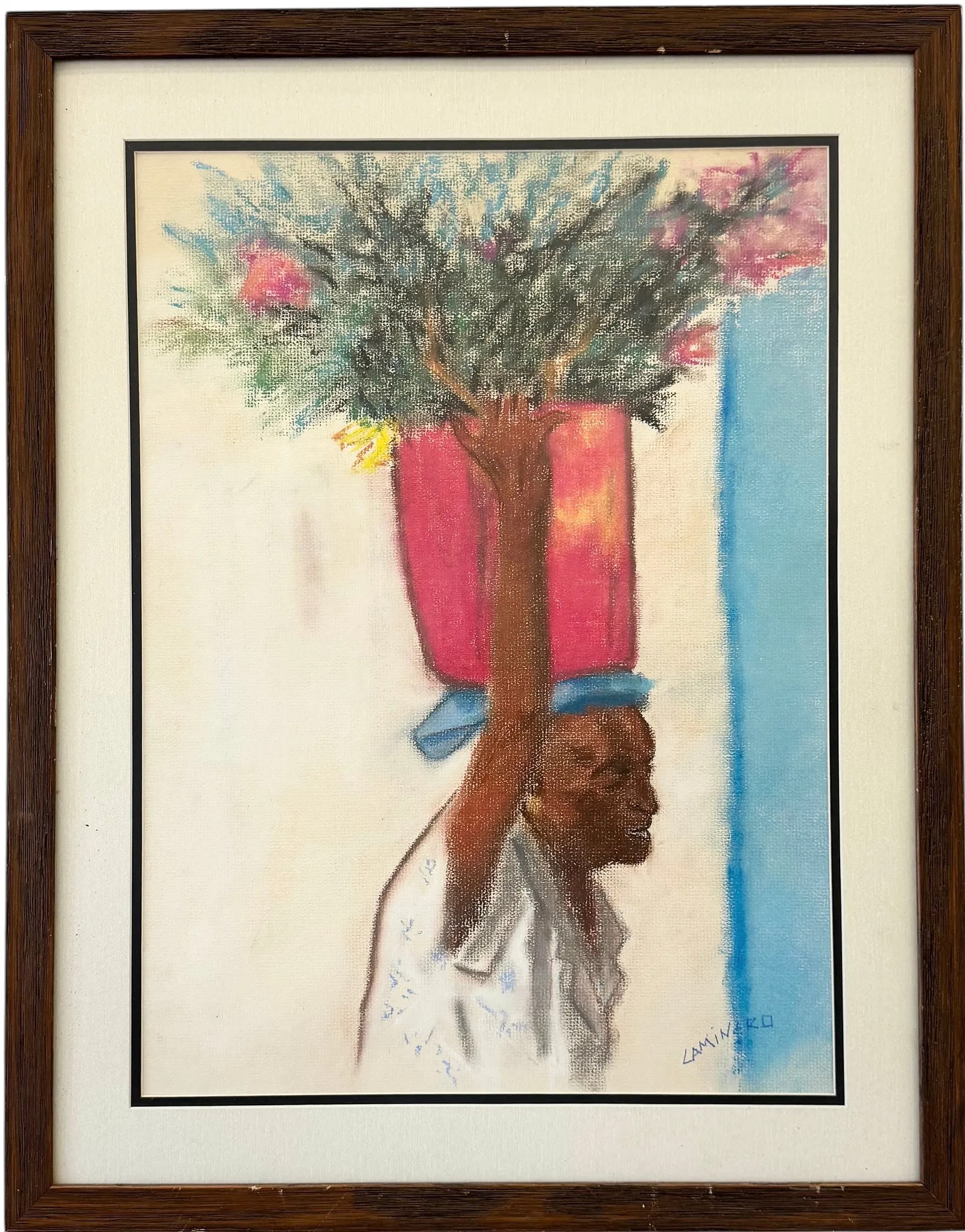 MAXIMO CAMINERO (b. 1962, Domincan Republic) Flower Vendor: Pastel on paper 24 x 17 1/2 in, 31 x 24 1/2 in (framed). Máximo Caminero is a self-taught visual artist born in the Dominican Republic in 1962, known for blending Afro-Caribbean heritage, Indigenous 
