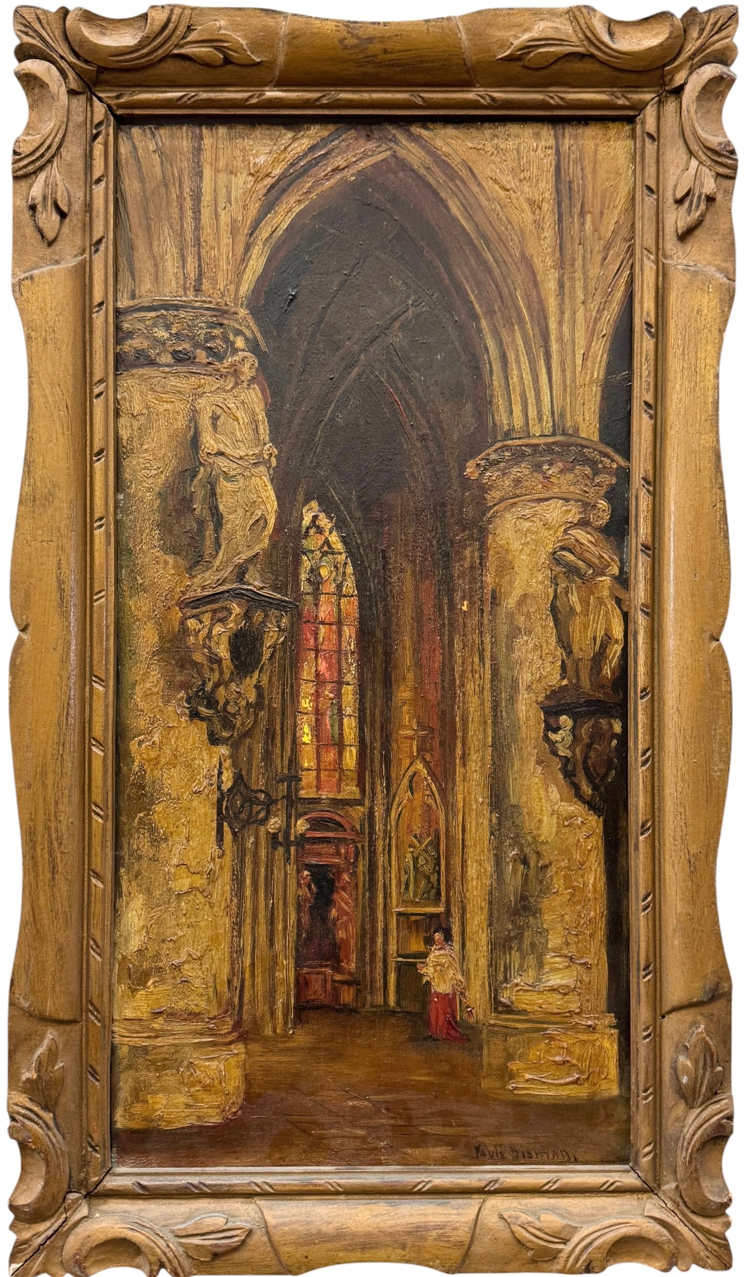 PAULE BISMAN (1897-1973, Belgian) Cathedral Inerior In Period Gilt Frame: 19 1/2 x 10 in, 23 x 13 in (framed).