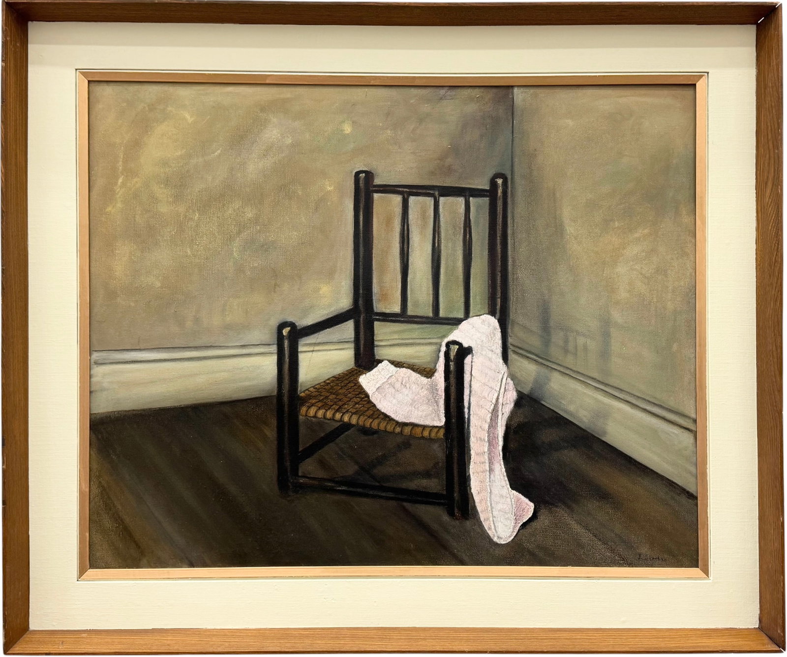 Mid-Century Modern Interior Still Life Oil Painting, Indistinctly Signed, Dated 1965: Oil painting on canvas 30 x 24 in, 36 1/2 x 30 1/2 in (framed).