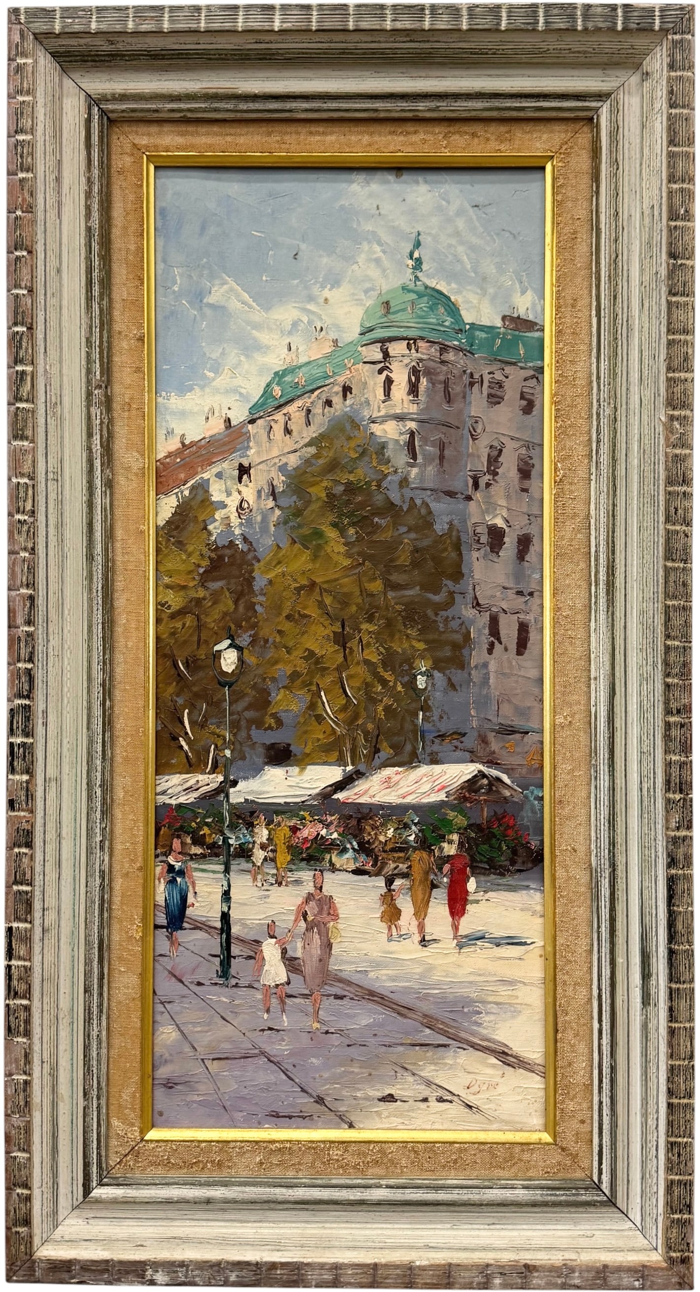 Raoul Ogre (1923–2001, French) Paris Cityscape, Mid-Century: Oil painting on canvas 24 x 10 in, 30 x 16 in (framed).