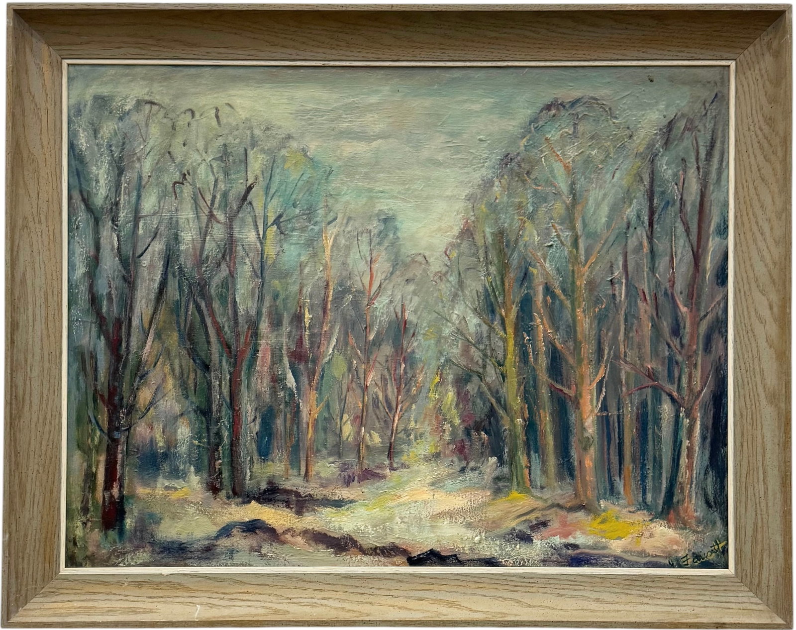 Mid-Century Impressionist Wooded Landscape Oil Painting, Signed: Oil painting on canvas 32 x 24 in, 37 x 29 in (framed)