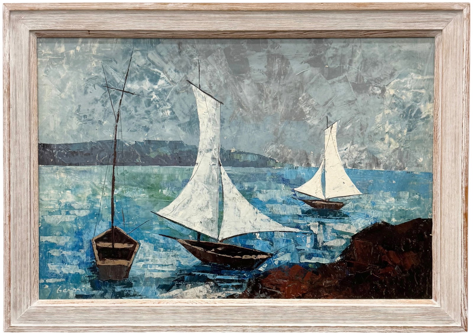 Mid-Century Modern Expressionist Palette-Knife Sailboat Seascape: Oil painting on canvas 36 x 24 in, 41 1/2 x 29 1/2 in (framed)