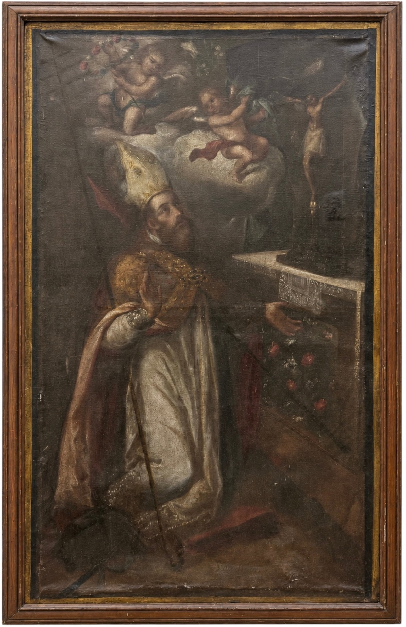 Monumental Spanish School 17th C. Old Master Oil Painting of San Liborio 78": Oil painting on canvas 72 x 44 in, 78 x 50 in (framed). This large-scale Baroque oil painting depicts Saint Liborius of Le Mans kneeling in intense devotion before a dark stone altar. Rendered with dr
