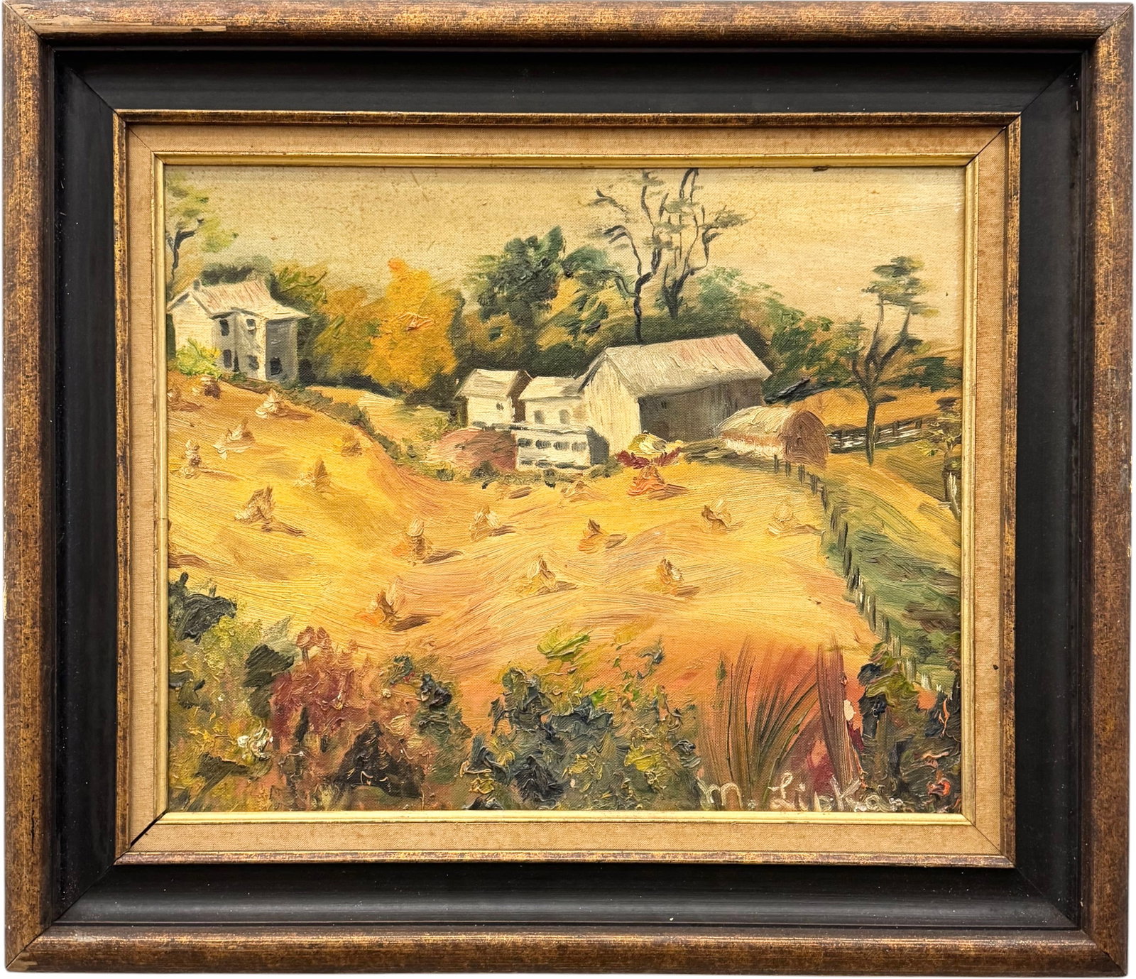 Mid-Century Impressionist Impasto Farm Landscape, Signed Oil On Board: Oil painting on board 16 x 13 in, 21 1/2 x 18 1/2 in (framed)