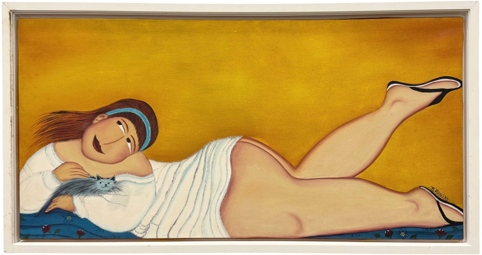 F. Araújo Original Painting, Reclining Nude Woman with Cat, Botero Style: Oil painting on canvas 39 x 19 1/2 in, 42 x 22 1/2 in.