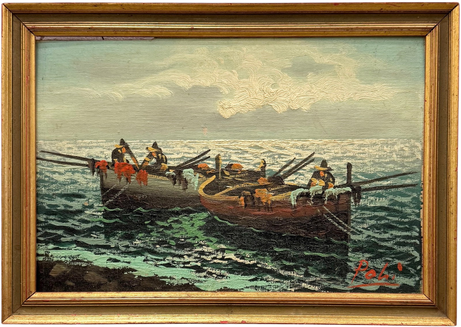 Vintage Italian School Seascape Oil Painting, Fishermen & Boats, Signed Poli (1 of 3)