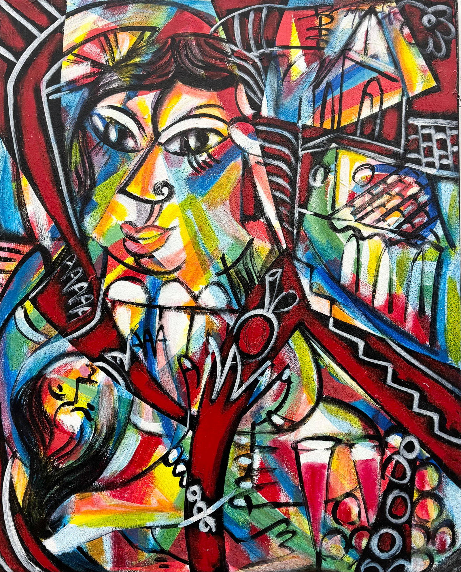 Large Contemporary Cubist School Abstract Acrylic Painting (1 of 3)