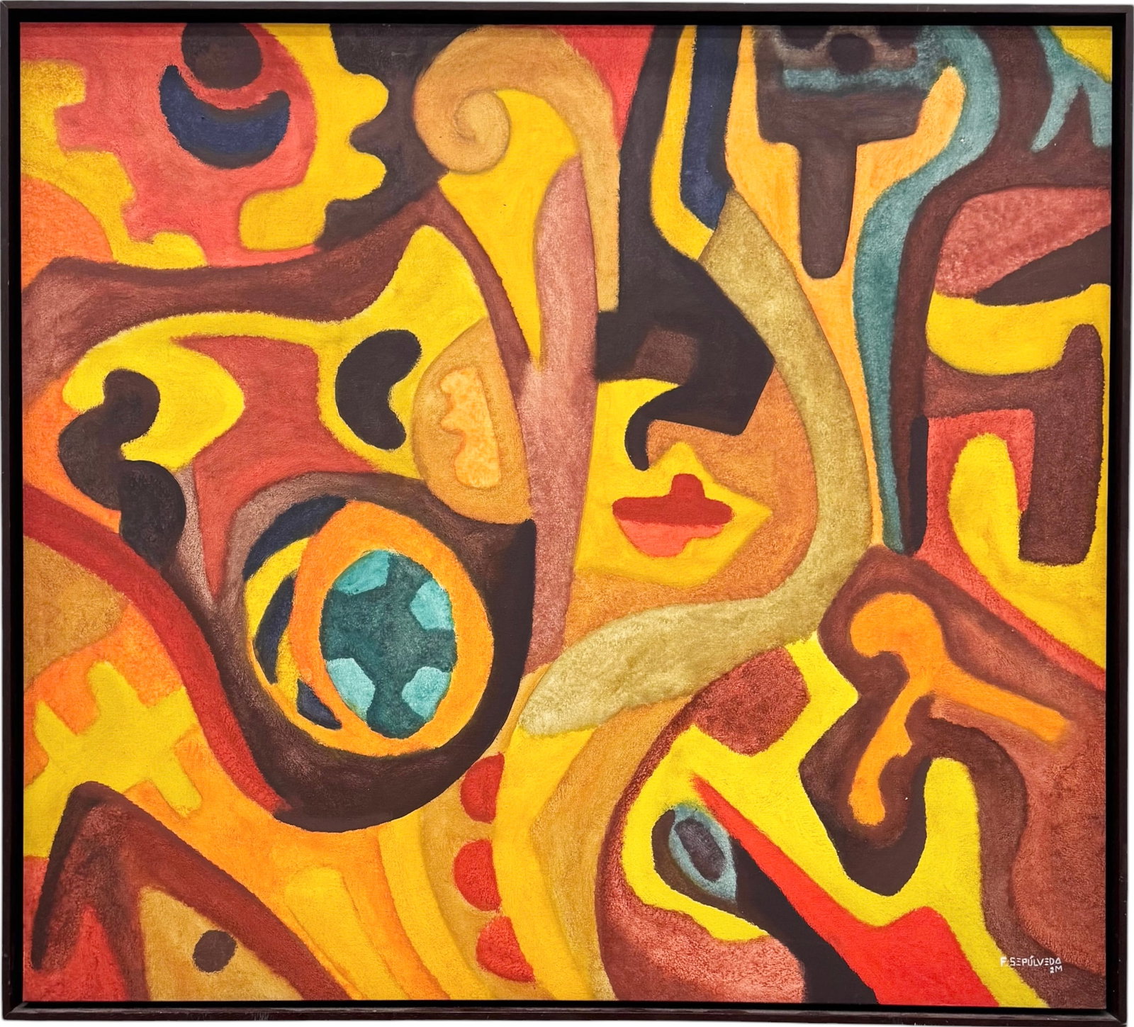 F. Sepulveda Signed Biomorphic LARGE Modern Abstract Art: Oil painting on canvas 42 1/2 x 38 1/2 in, 44 x 40 in. Oversized item
