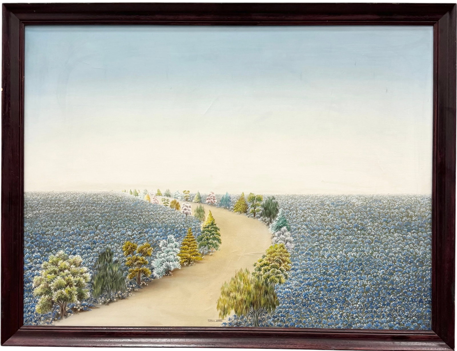 Sergio Grass (Argentine, 1936-2005) Naive Pampean Landscape Painting: Oil painting on canvas 32 x 24 in, 34 x 26 in (framed)