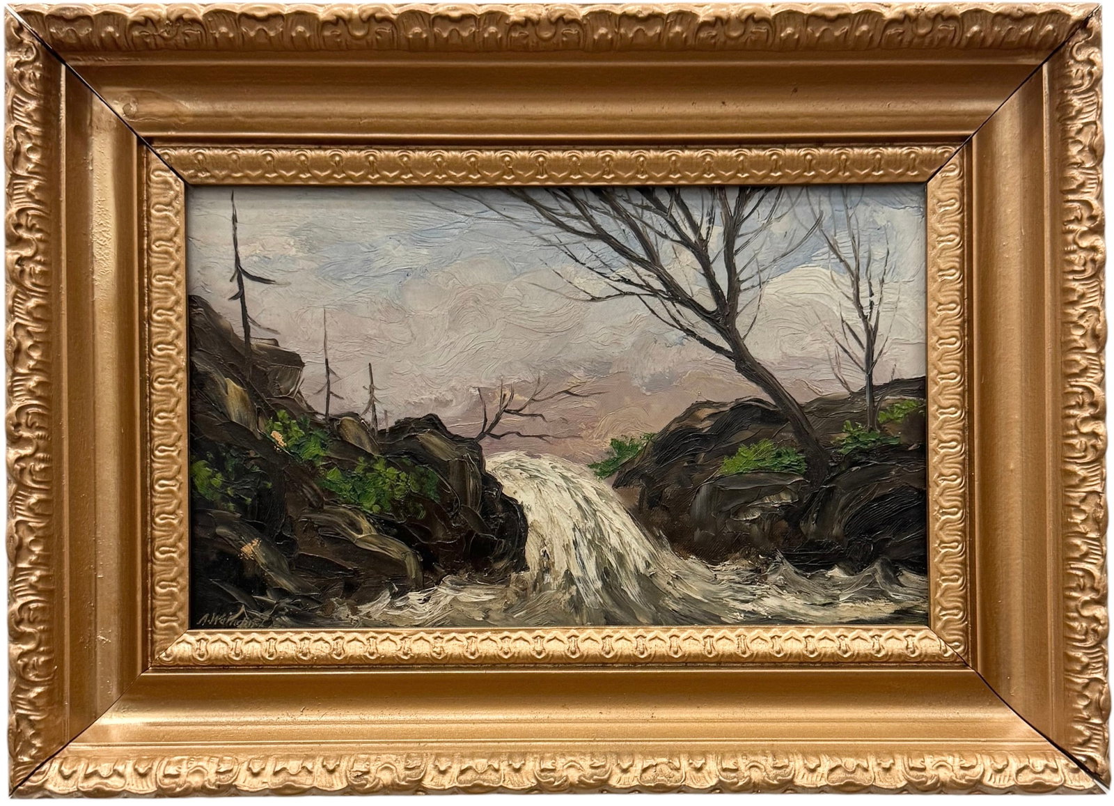 American School Landscape With Waterfall In Gilt Frame: Oil painting on board 9 x 5 1/2 in, 12 1/2 x 9 in (framed)