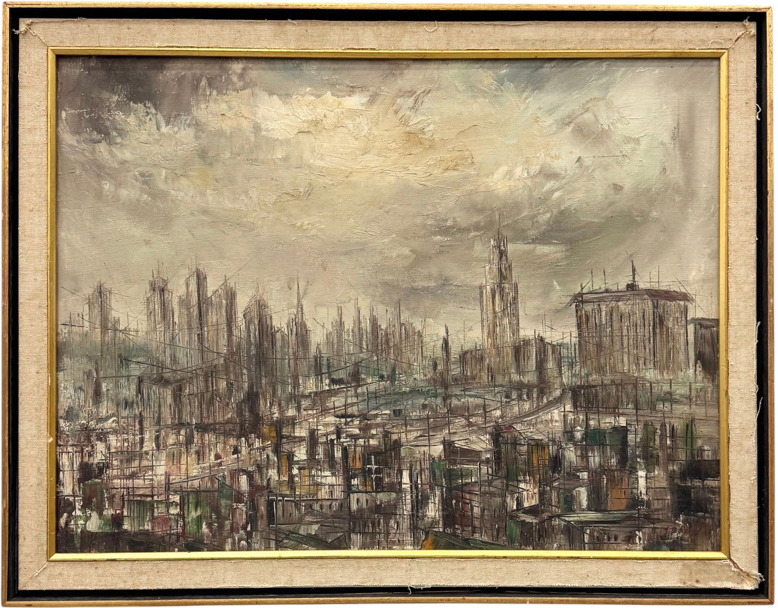 Mid-Century Modern American Brutalist Cityscape Skyline Signed Oil Painting: Oil painting 24 x 18 in, 27 1/2 x 21 1/2 in (framed)