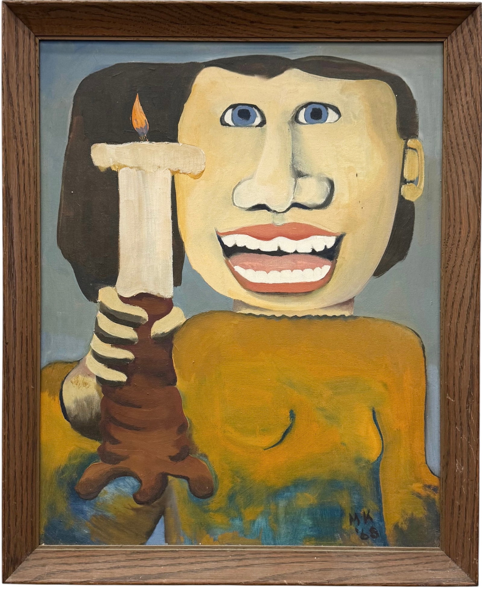 1968 Mid-Century Modern Outsider Art Figural Oil Painting, Signed MK: Oil painting on canvas 20 x 16 in, 22 x 18 in (framed).