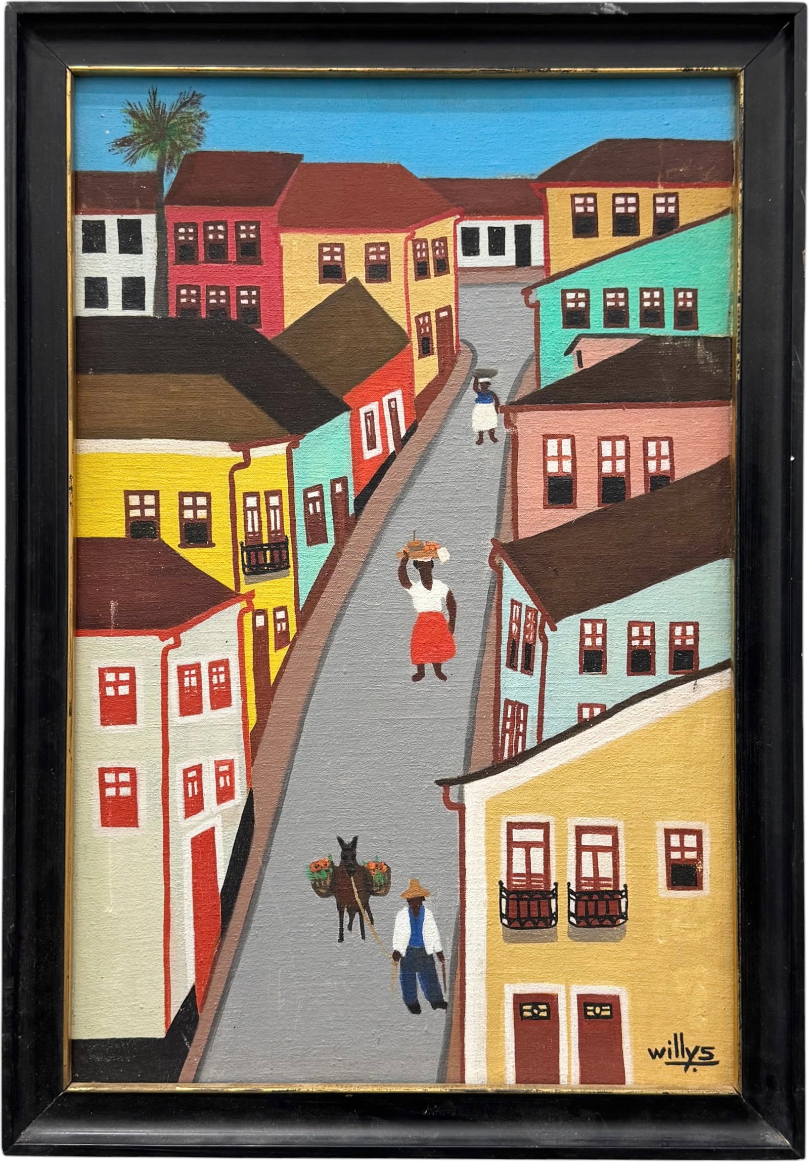 Mid-Century Naive Art Colonial Street Scene, Canvas on Board, Signed: Oil painting on masonite 18 x 12 in (framed).