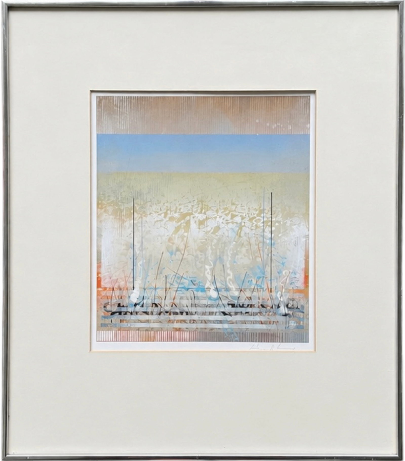 RICHARD VAUX (American, b. 1940) "Morning Light Scope" Mixed Media: Mixed media 12 x 13 1/2 in, 22 x 25 in (framed). Born 1940 Greensburg, Pennsylvania. Known for: Atmospheric luminous landscape painting.
