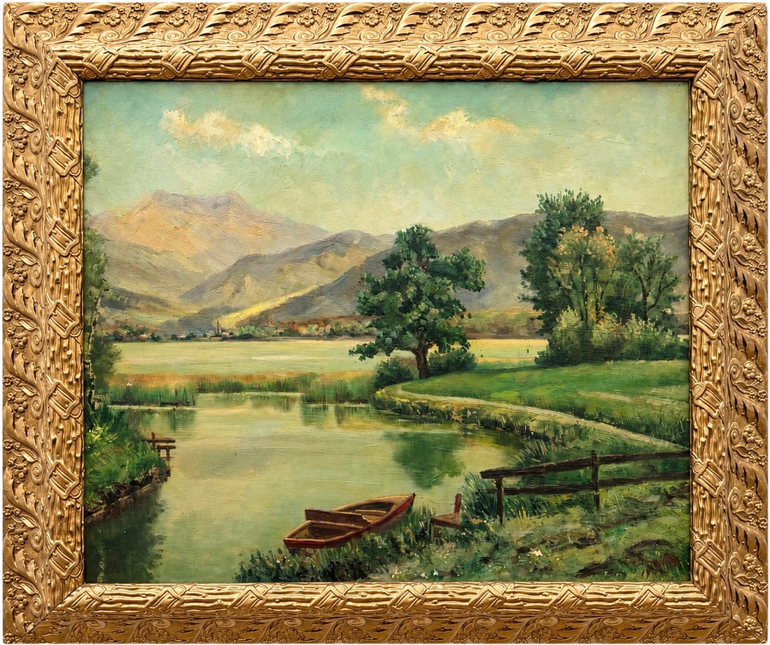 Paul Biemuller (20th c, German) 1951 Scenic River Valley Landscape Oil, Gilt Frame: Oil painting on masonite 23 x 19 in, 29 1/2 x 25 in (framed)