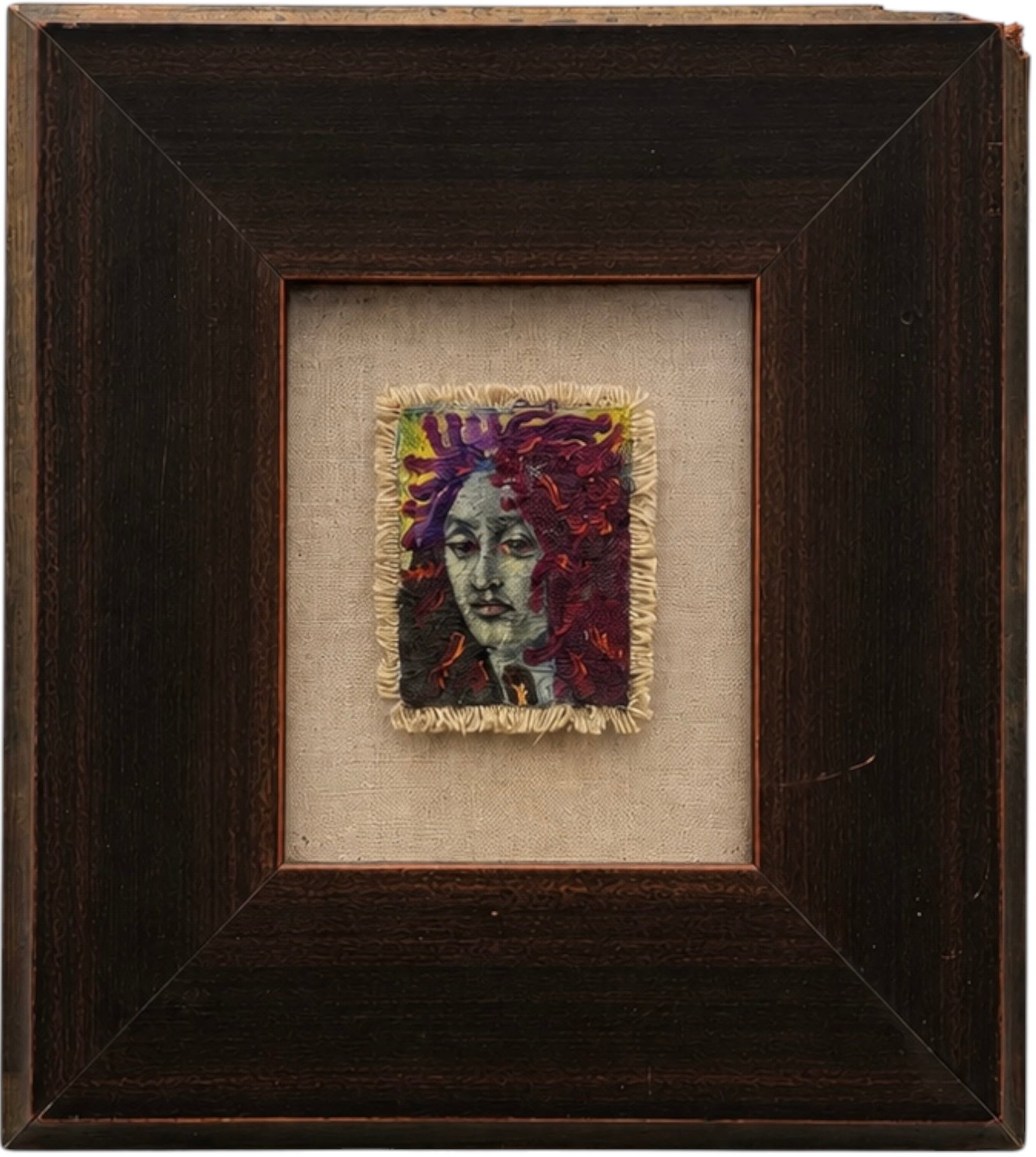 Framed Miniature Contemporary Oil Painting - Portrait on Canvas Patch: Oil painting on canvas 4 x 3 in, 14 x 13 in.