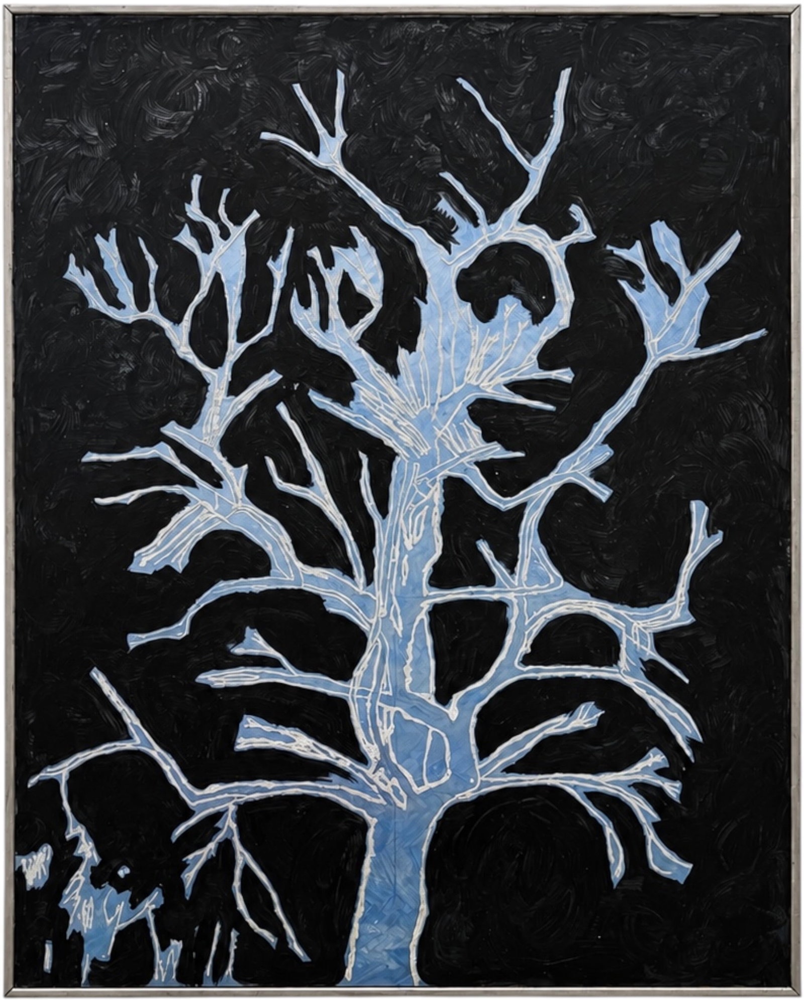MONUMENTAL Modern Abstract Nocturne Blue Tree Oil Painting 61": 61 1/2 x 49 1/2 in (framed).