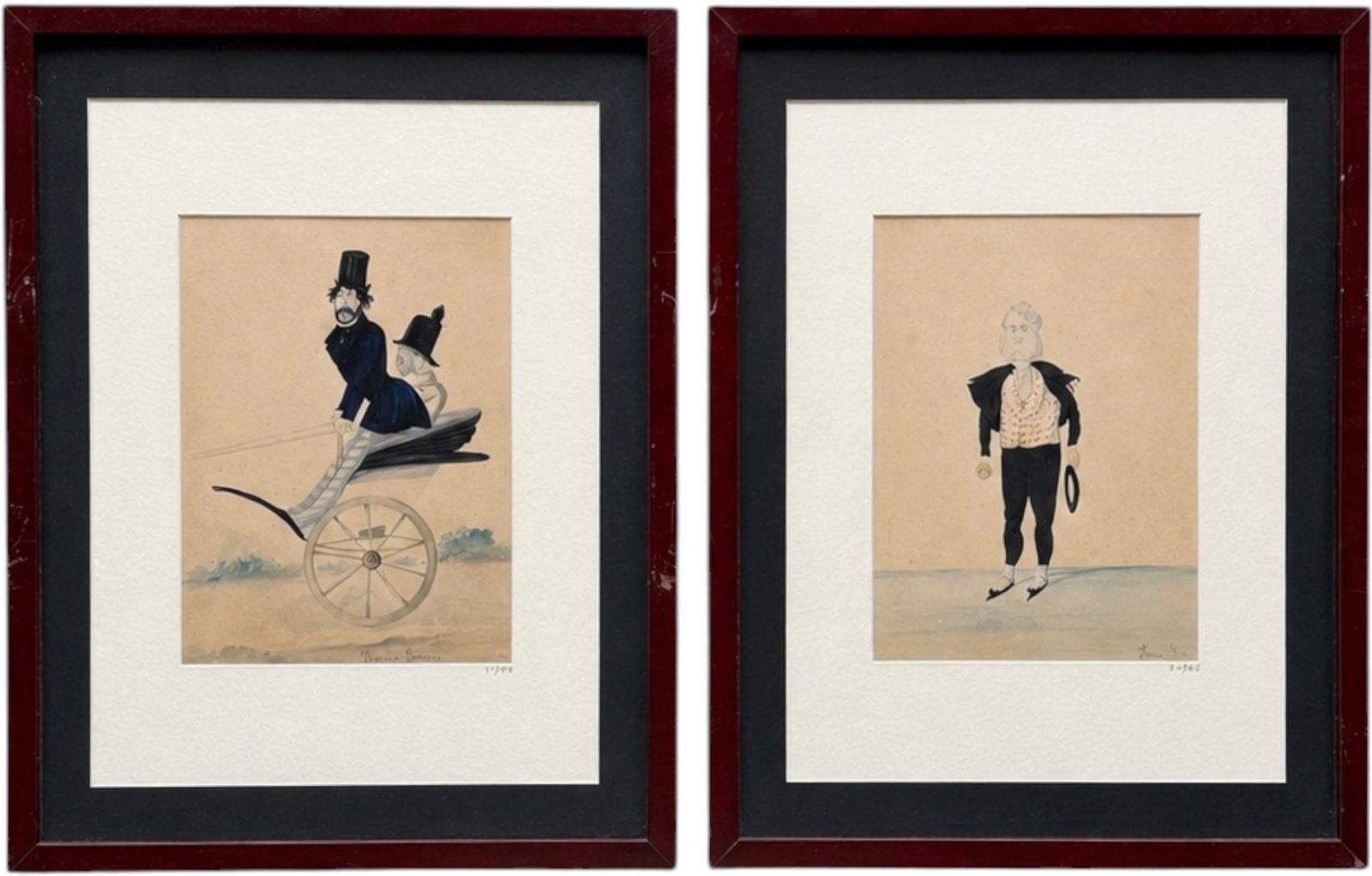 Pair of Signed 19th Century British/European Watercolor Caricatures, Framed: 12 x 9 in, 22 1/2 x 17 1/2 in