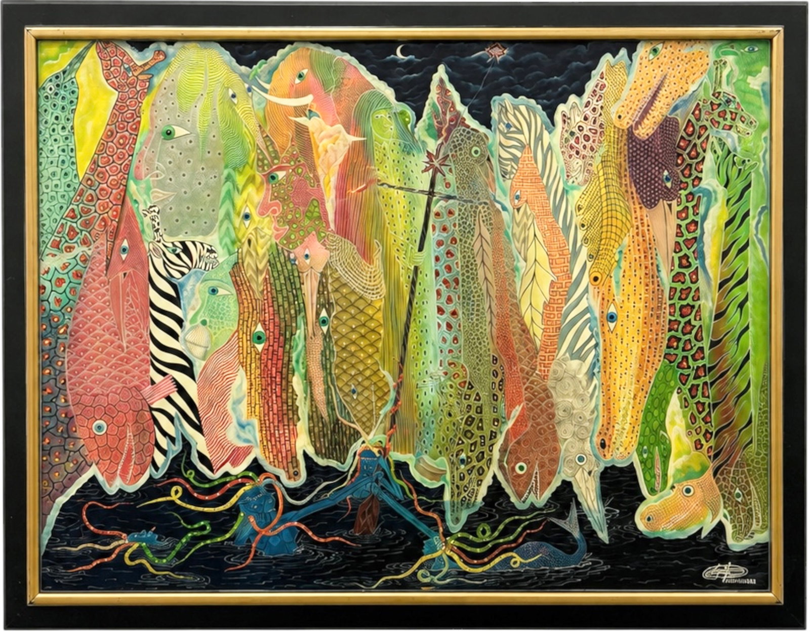 Frantz Zephirin (Haitian, b. 1968) Fish Abstract: Oil painting on board 40 x 30 in, 43 1/2 x 33 1/2 in (framed)