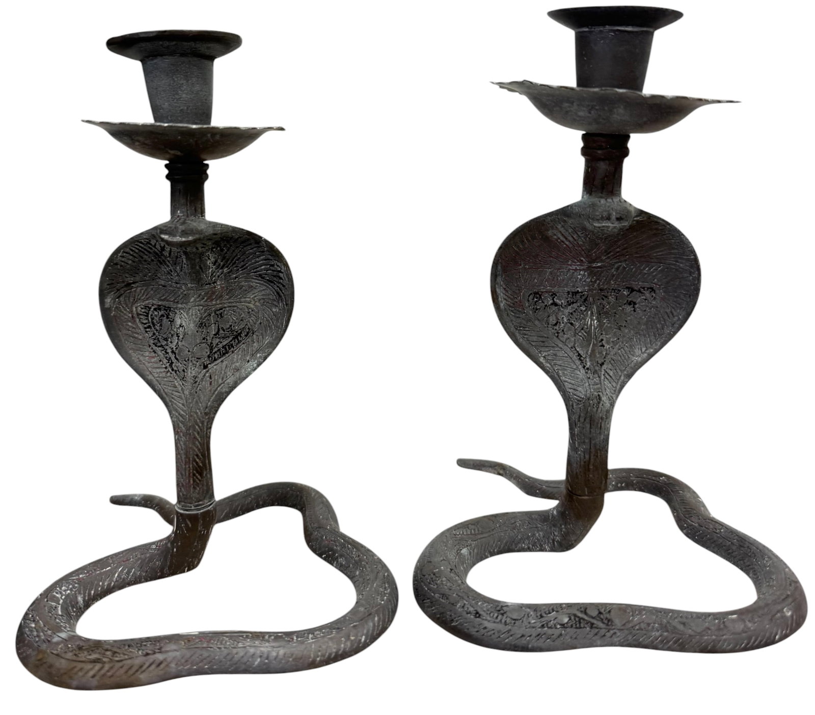 Vintage Anglo-Indian Etched Brass Cobra Candlesticks: 7 x 4 1/2 x 5 in