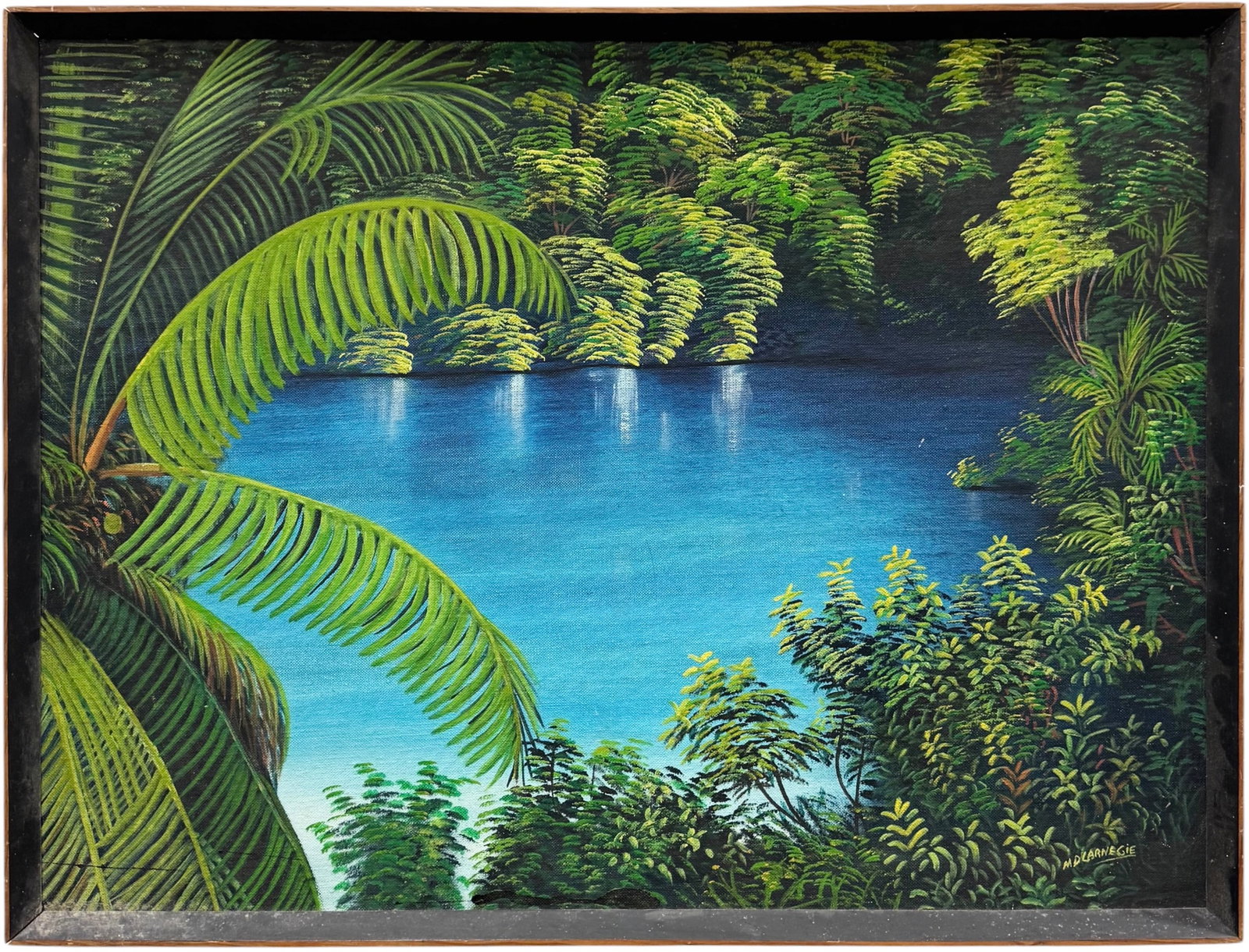 Vintage M.D. Carnegie Blue Lagoon Naive Folk Art Oil on Canvas, Possibly Jamaican (1 of 3)