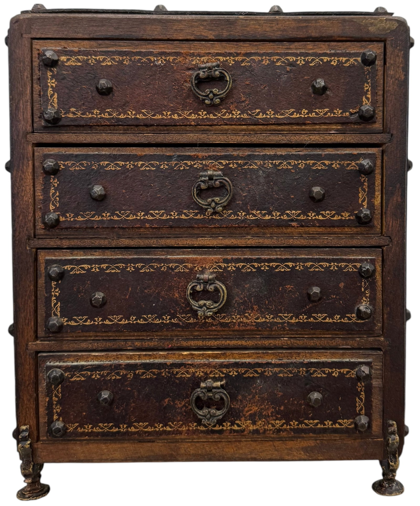 Antique Jacobean Style Miniature Apprentice Chest, 4-Drawers with Gilt Accents: 9 x 7 1/2 x 5 in
