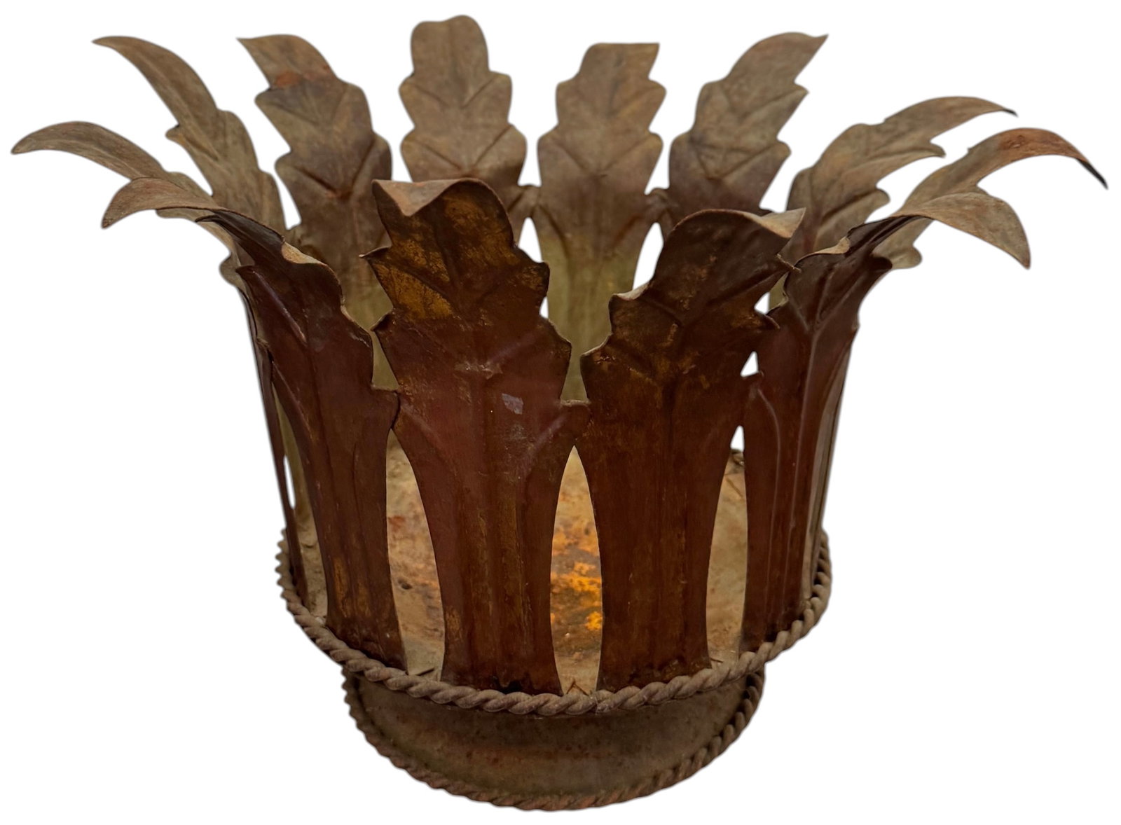 Hand Forged Spanish Revival Wrought Iron Leaf Planter, Cachepot: 15 x 9 in