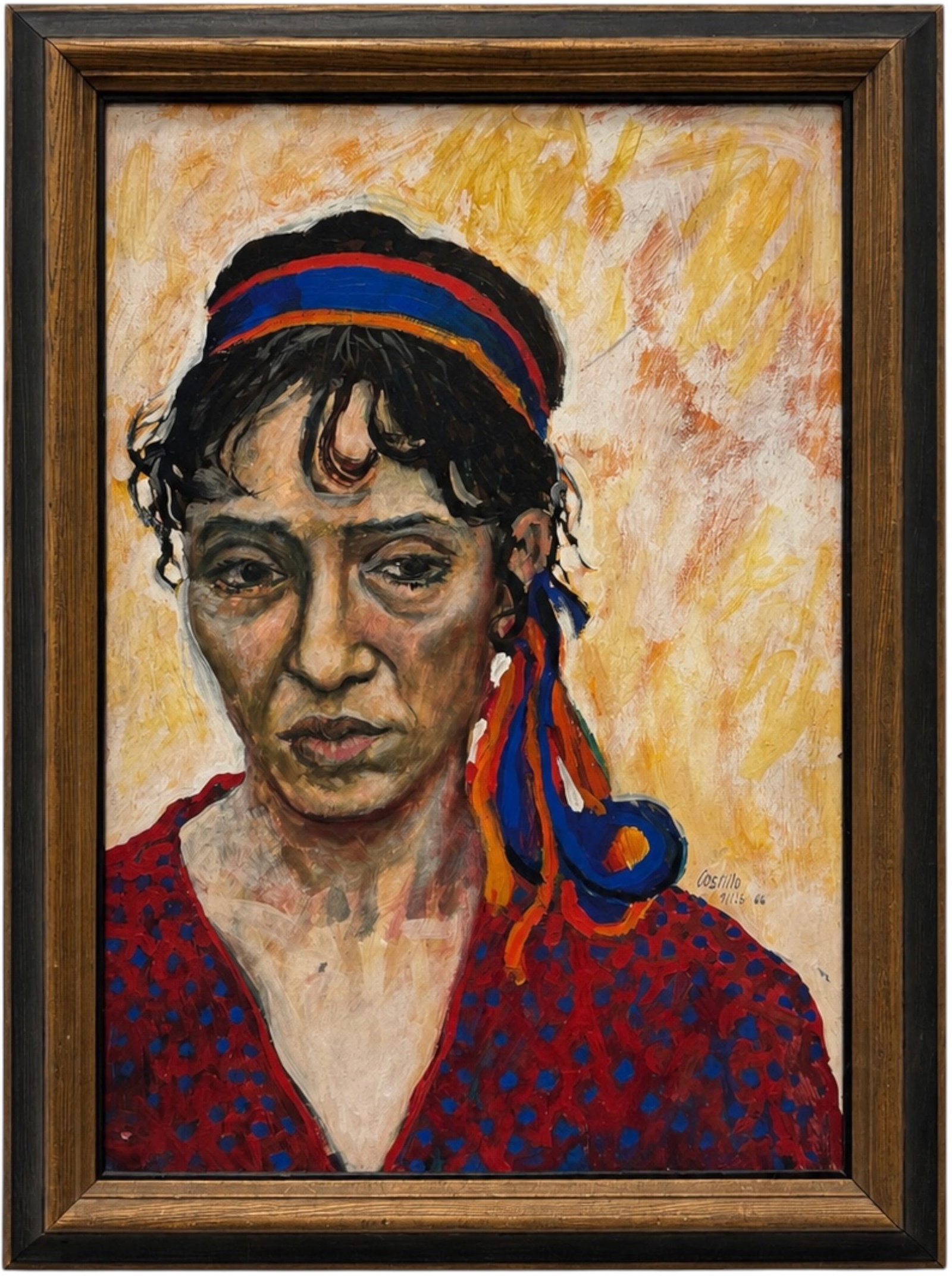 Mid-Century Latin AmericN Expressionist Portrait Signed Castillo: Oil painting on masonite 24 x 16 in, 29 x 21 1/2 in (framed)