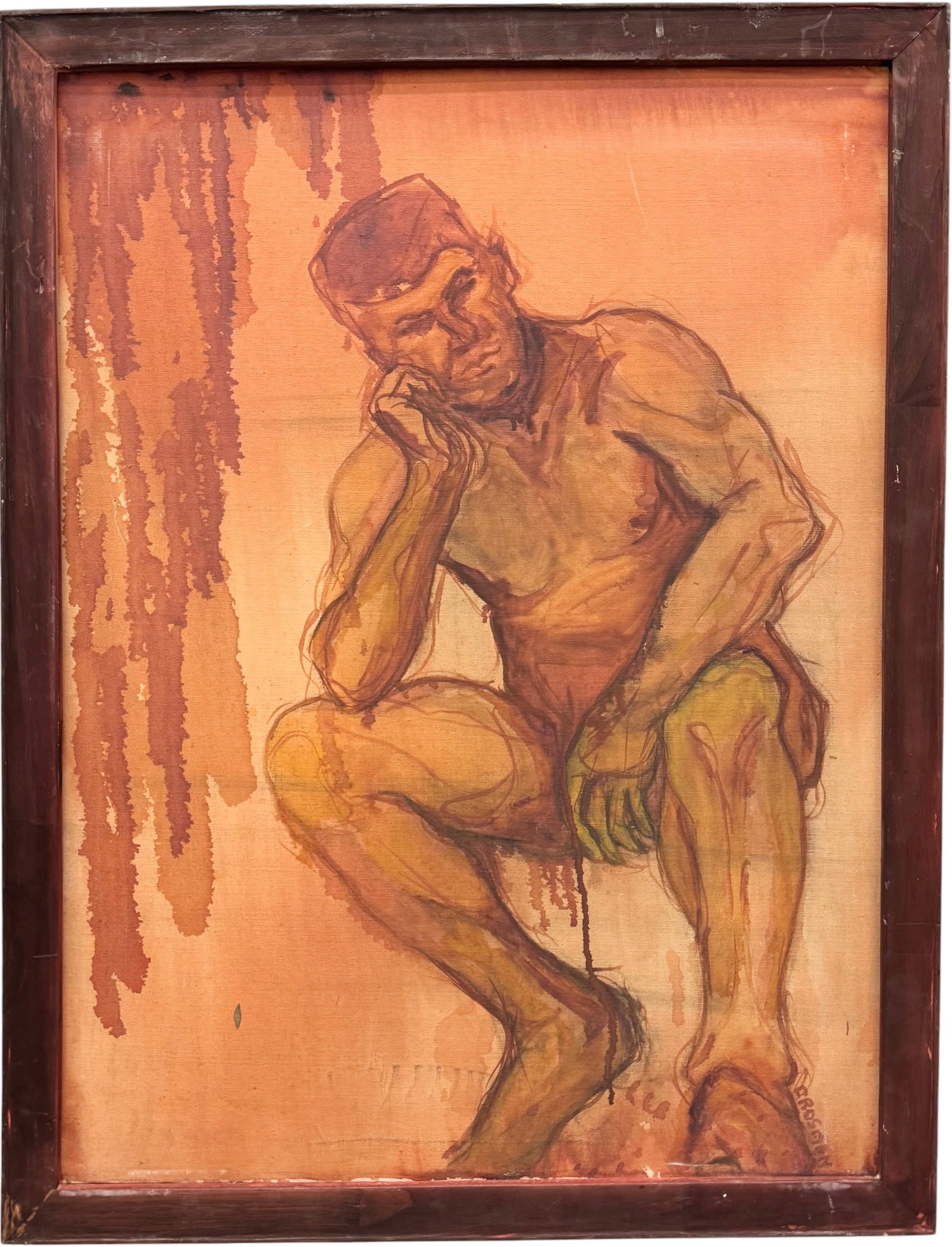 Mid-Century American Expressionist Male Nude Figure Study Signed Oil On Canvas: Oil painting on canvas 32 x 24 in, 34 1/2 x 26 1/2 in (framed).