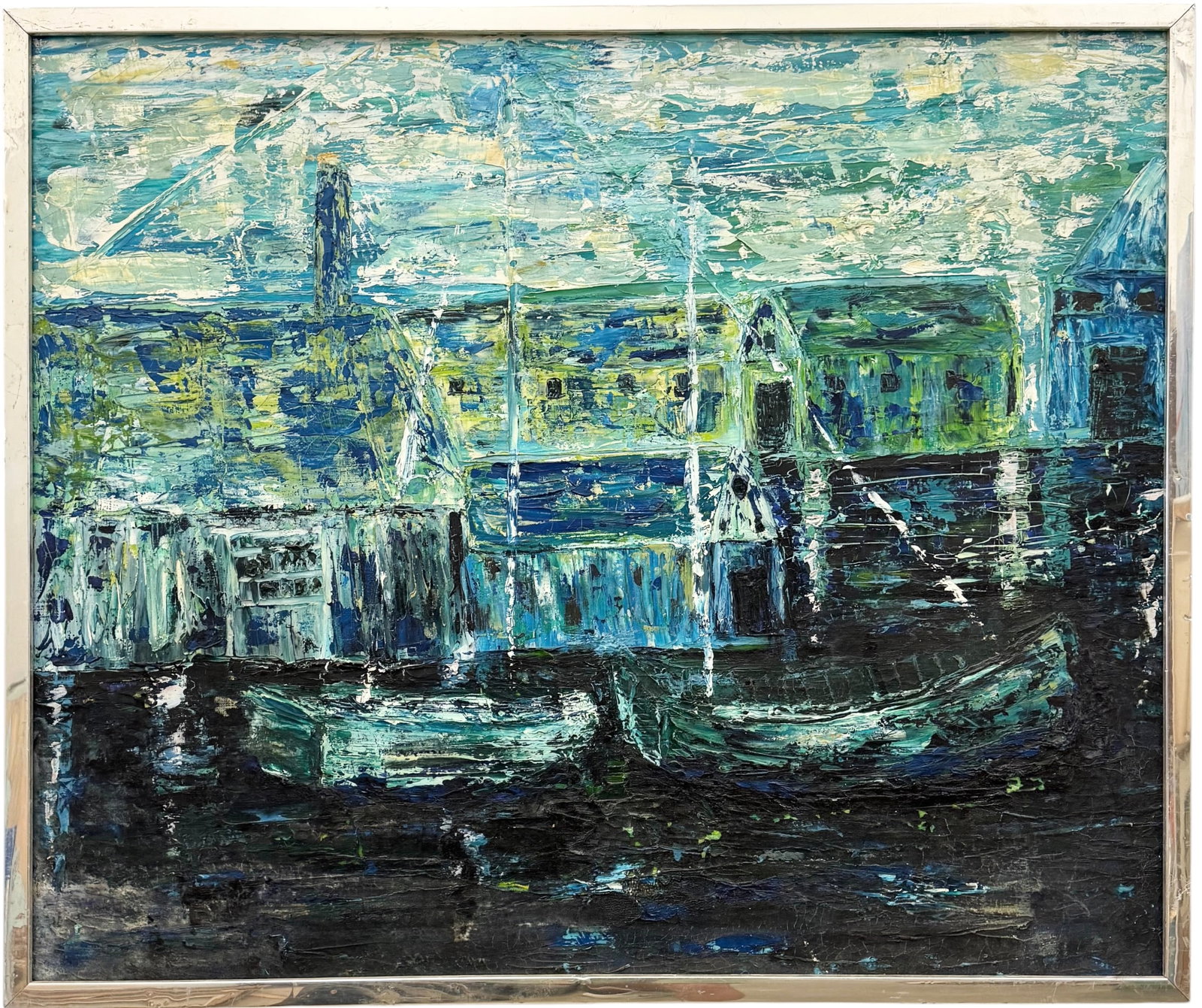 Mid-Century American Expressionist Harbor Scene Layered Impasto Oil On Canvas: Oil painting on canvas 36 x 30 in, 37 1/2 x 31 1/2 in (framed).