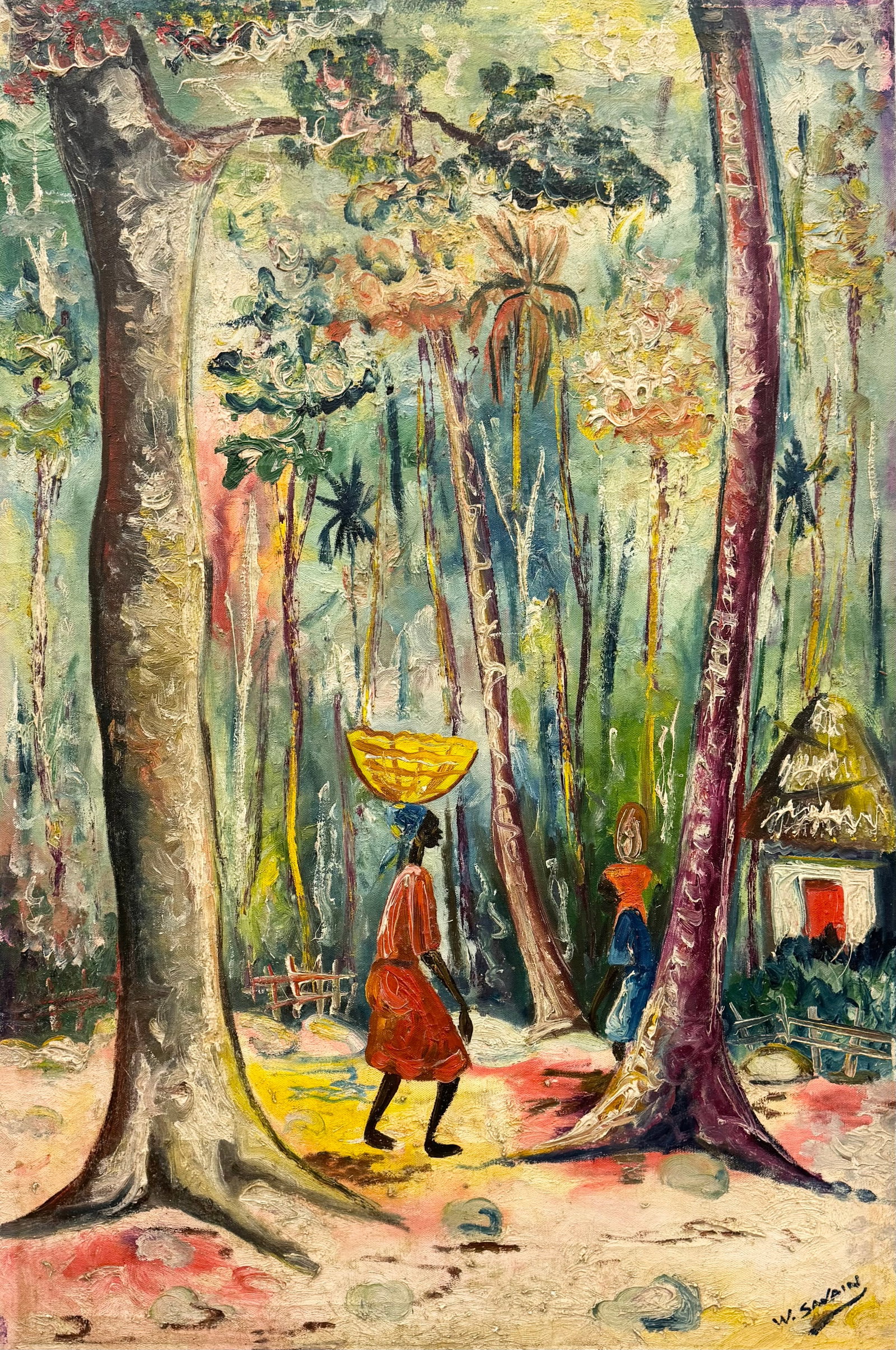 W. Swain Mid-Century Oil Haitian School - Tropical Forest Market Scene with Figures: Oil painting on canvas 36 x 24 in.