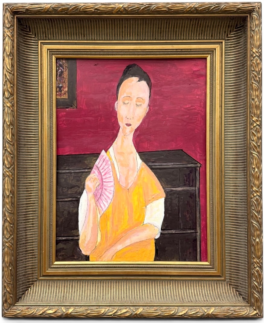 Modernist Portrait In Gilt Frame After Modigliani: Acrylic on board 16 x 12 in, 22 1/2 x 18 1/2 in (framed).