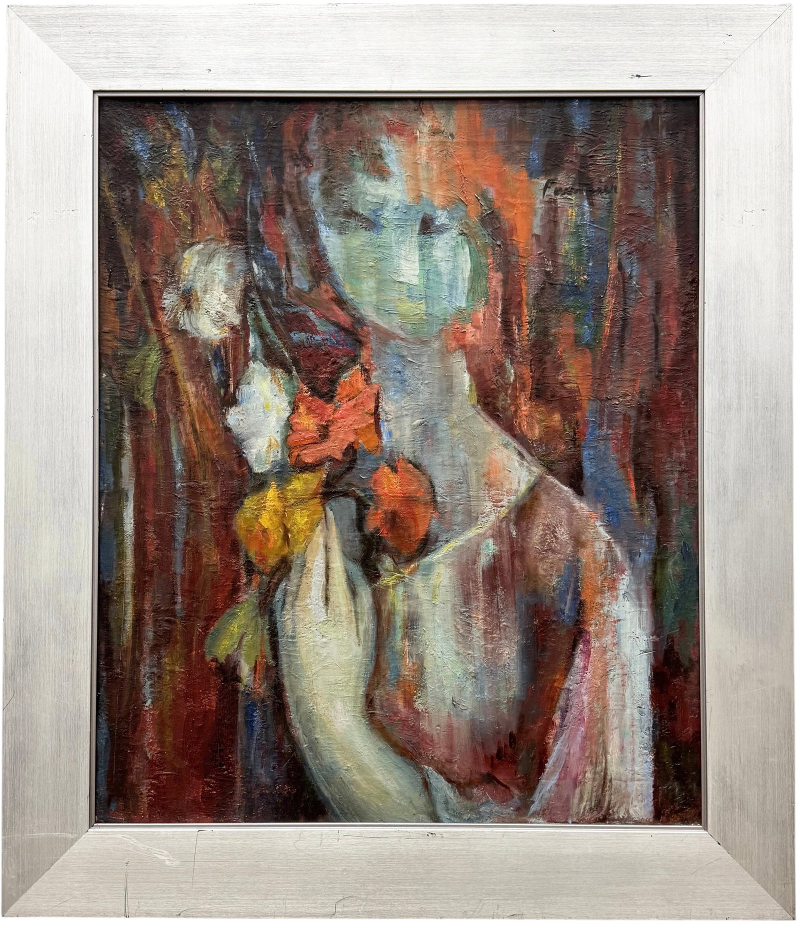 Mid-Century American Expressionist Portrait of a Woman with Flowers, Oil on Canvas: Oil painting on canvas 24 x 20 in, 29 1/2 x 25 1/2 in (framed).