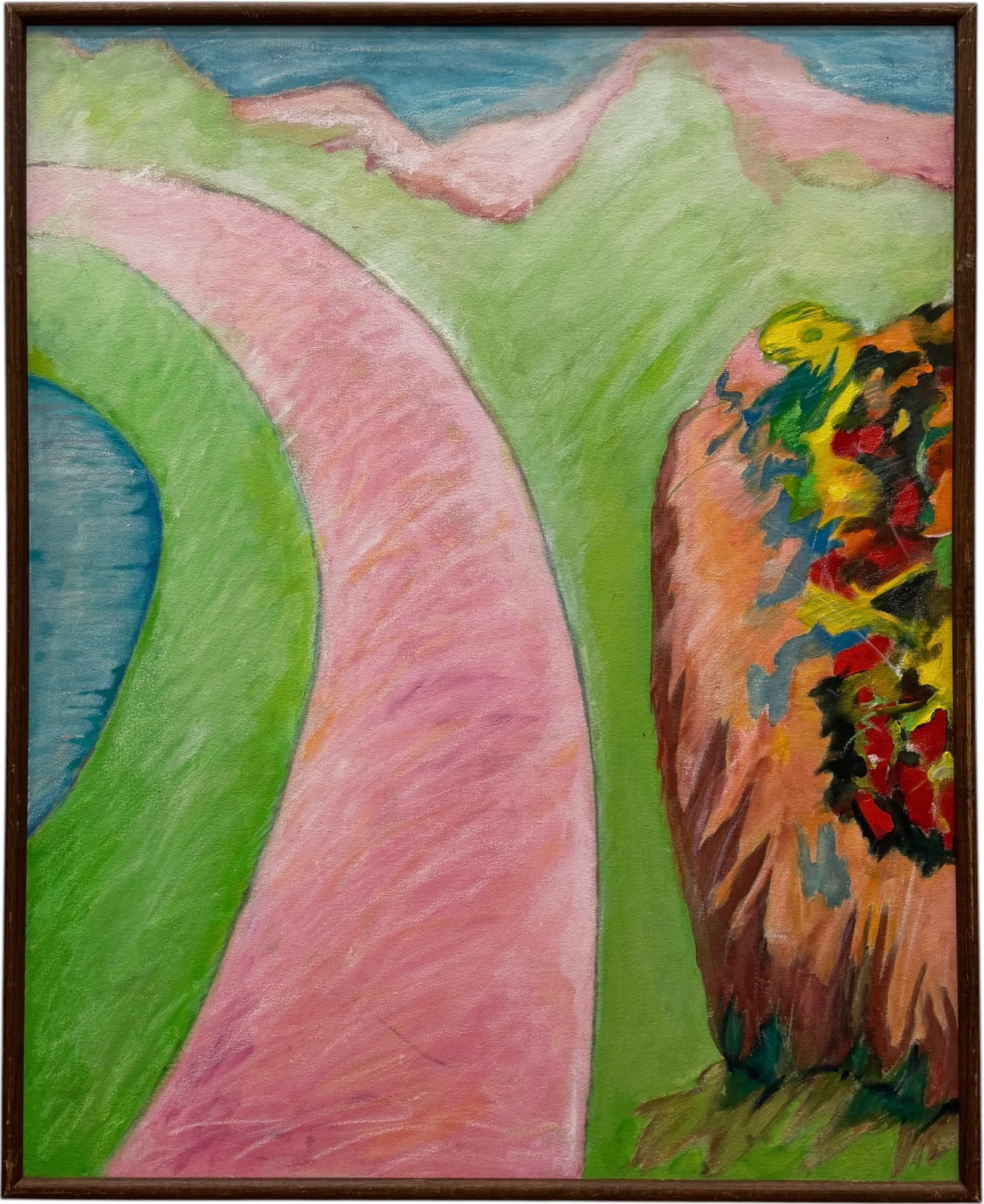 20th Century Expressionist Landscape with Pink Path Oil Painting On Canvas: Oil painting on canvas 42 x 34 in, 44 x 36 in (framed)