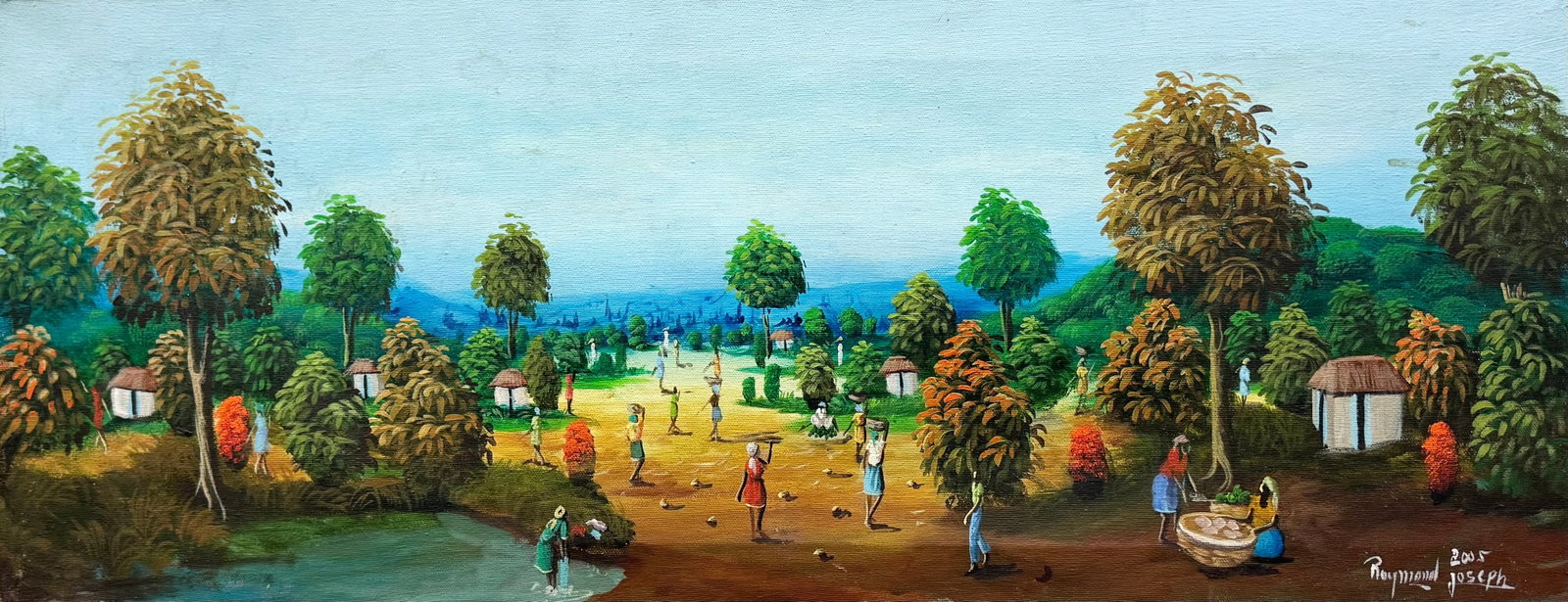 Raymond Joseph (Haitian, born 1964) Village Scene: Oil painting on canvas 12 x 36 in