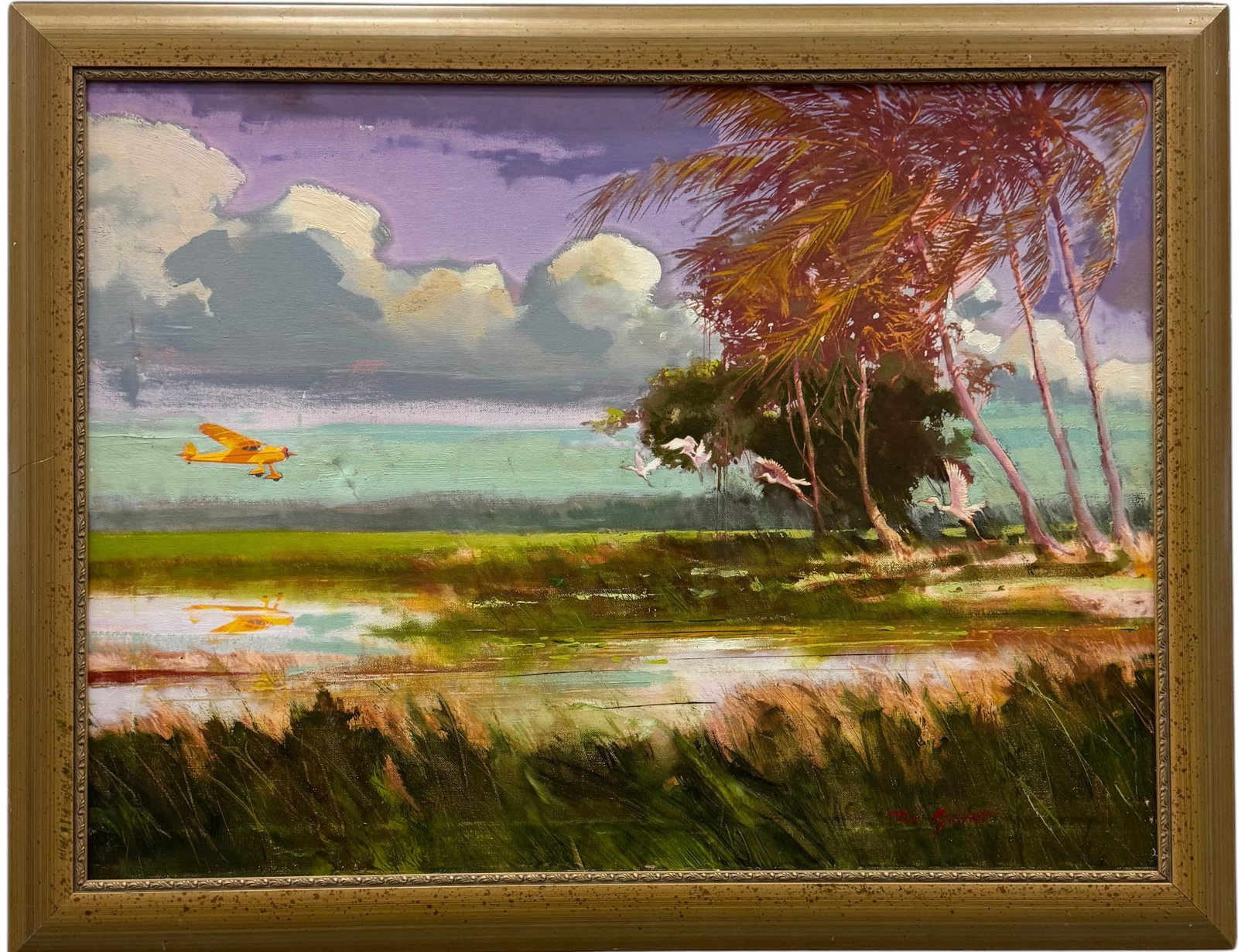 TOM GRANT (20th c, American) Florda Everglades Landscape With Airplane: Oil painting on canvas 32 x 24 in, 36 1/2 x 28 1/2 in (framed).