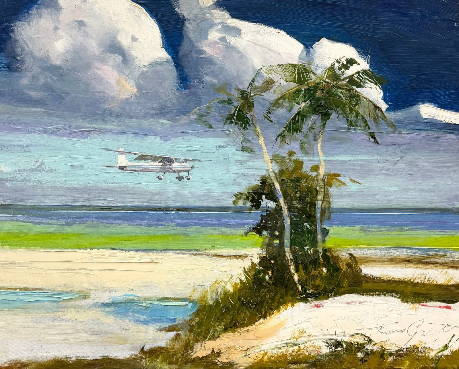 TOM GRANT (20th c, American) Florda Everglades Landscape With Airplane: Oil painting on canvas 30 x 24 in