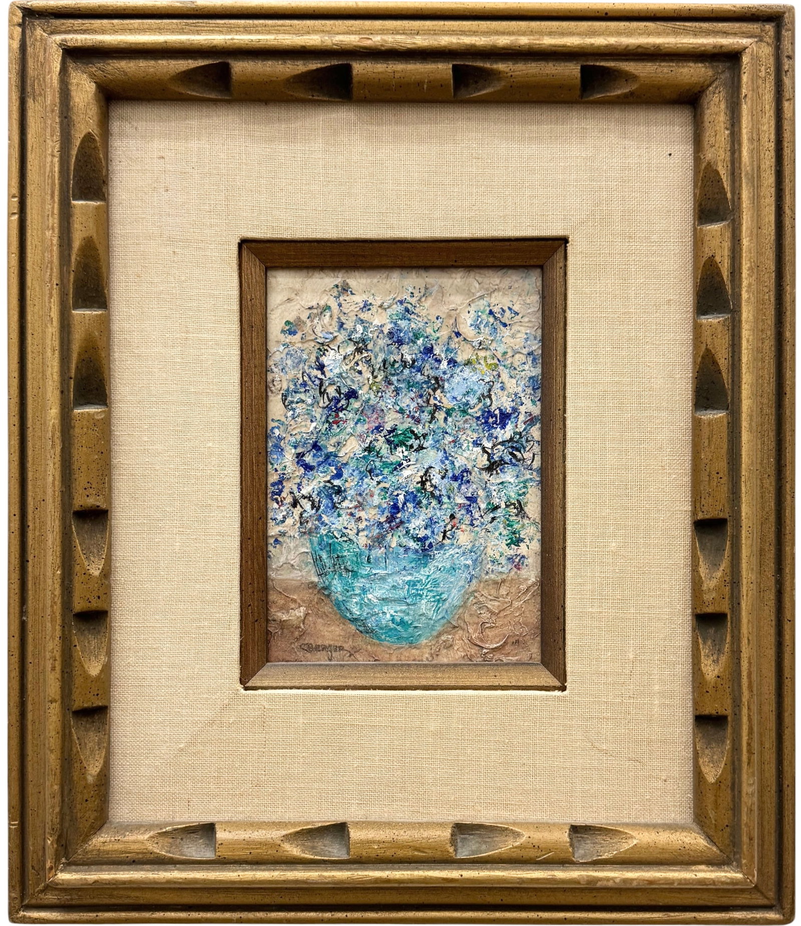 Mid-Century Impressionist Oil Painting, Blue Floral Still Life Signed Berger: Oil painting on board 6 1/2 x 4 1/2 in, 14 1/2 x 12 1/2 in (framed).