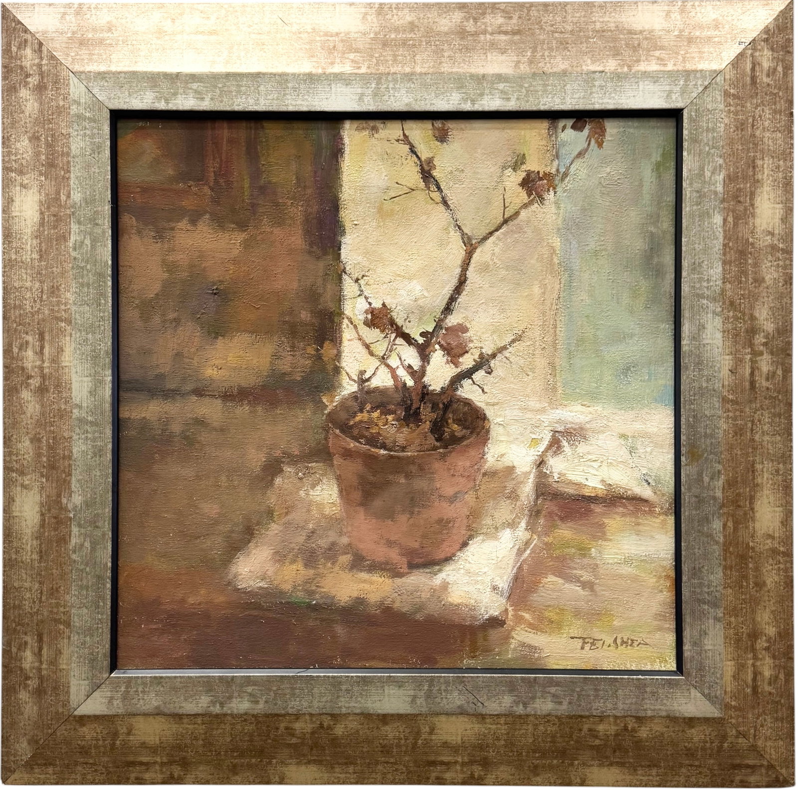 Vintage Impressionist Oil Painting Potted Plant on Window Sill, Signed: Oil painting on canvas 19 1/2 x 19 in, 27 x 27 in (framed)