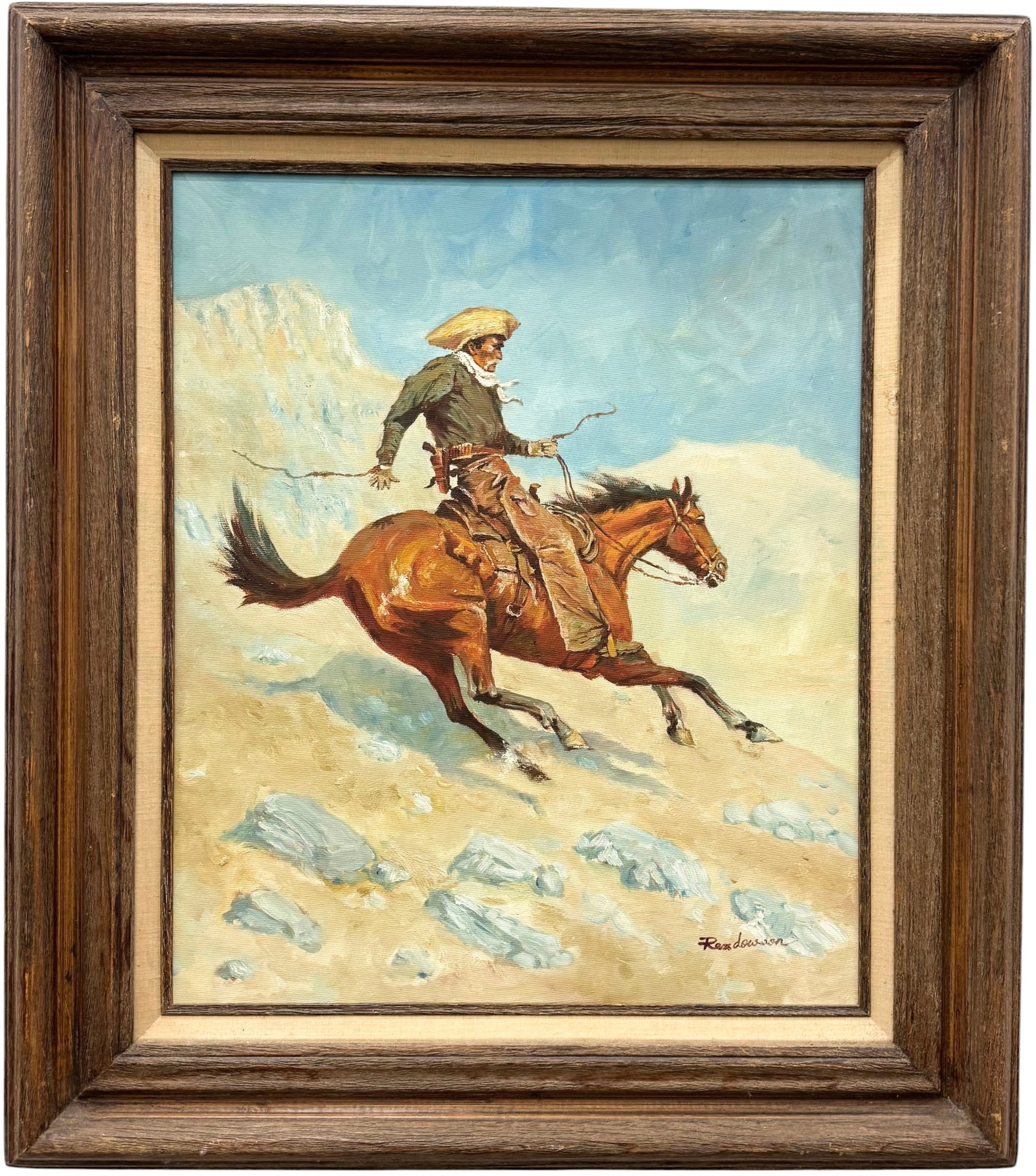 Rex Dawson Western Oil Painting "The Cowboy" After Frederic Remington: Oil painting on canvas 24 x 20 in, 32 1/2 x 28 1/2 in