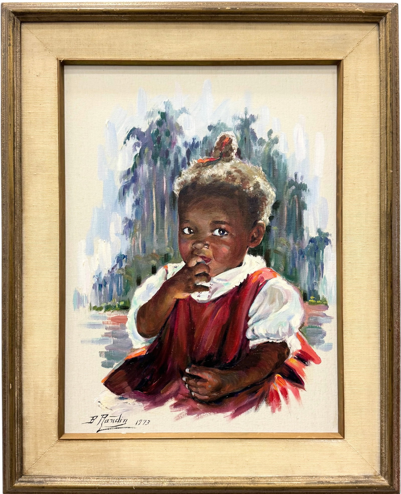 Berta Randin (Cuban, 20th C.) Oil Painting "Afro-Cuban Girl" 1973: Oil painting on canvas 24 x 18 in, 31 1/2 x 25 1/2 in (framed). Berta Randin was a mid-to-late 20th-century Cuban visual artist and illustrator celebrated for her figurative paintings and structural c