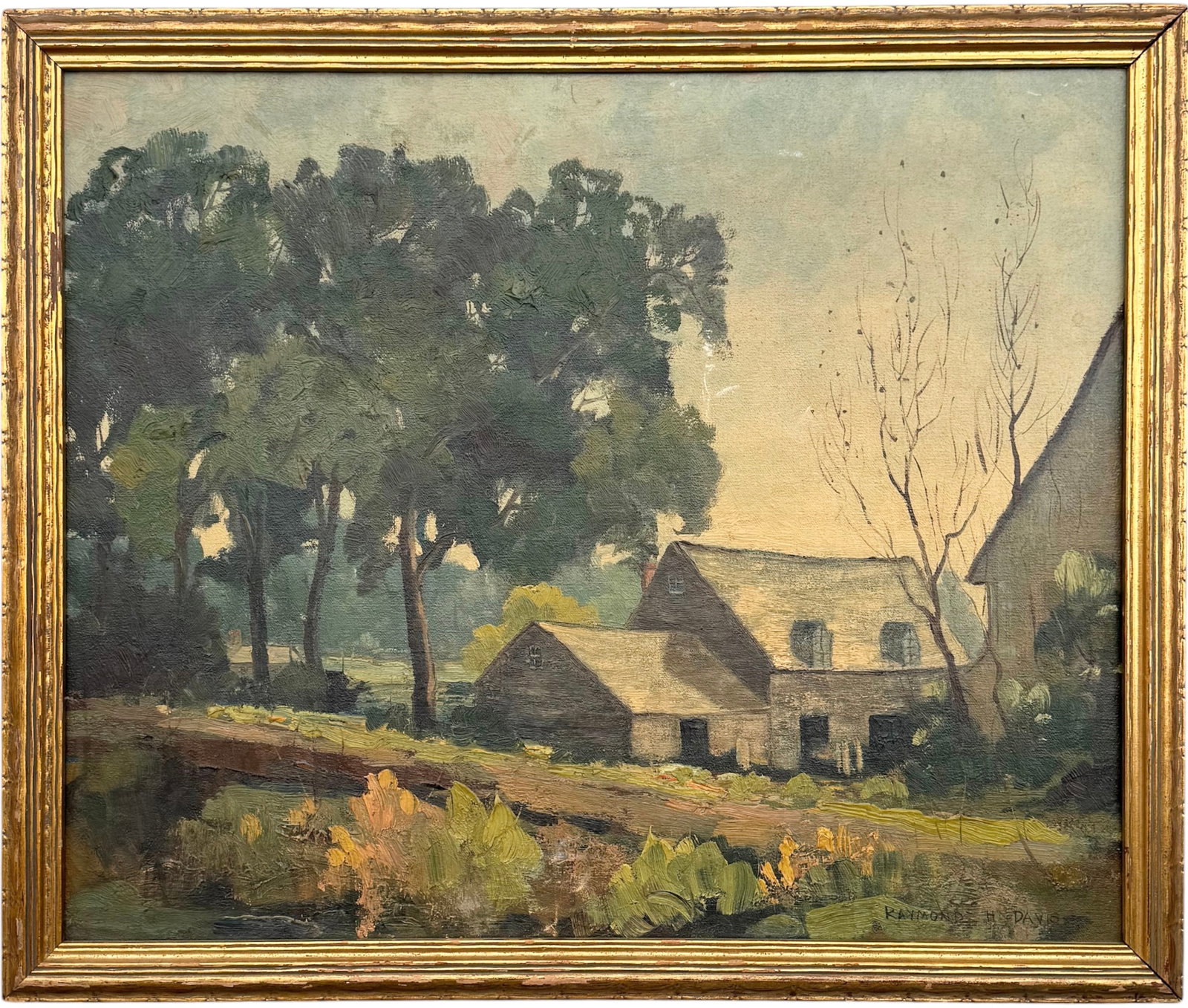 RAYMOND H DAVIS (American, 1887-1961) Brookline, MA Farmhouse Landscape: Oil painting on canvas 22 x 18 in, 24 x 20 in (framed). Raymond H. Davis was an accomplished American twentieth-century painter and illustrator, celebrated for his evocative landscapes, rural homestea