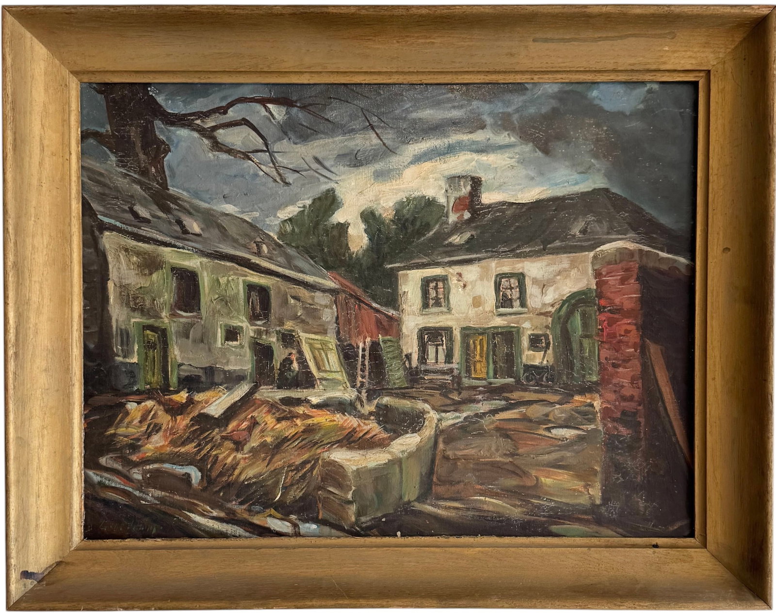 Circa 1940's American Regionalist Courtyard Scene, Signed Illegibly: Oil painting on board 24 x 18 in, 28 x 22 in (framed). Comes from New Hope, PA area. Depicts old Pennsylvania houses and a courtyard. Signed illegibly lower left.