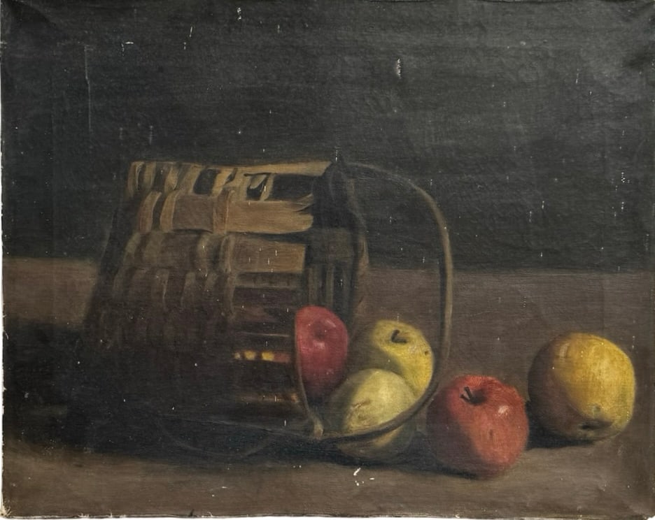 19th Century American School Still Life, Apples In A Basket: Oil painting on canvas 20 x 16 in