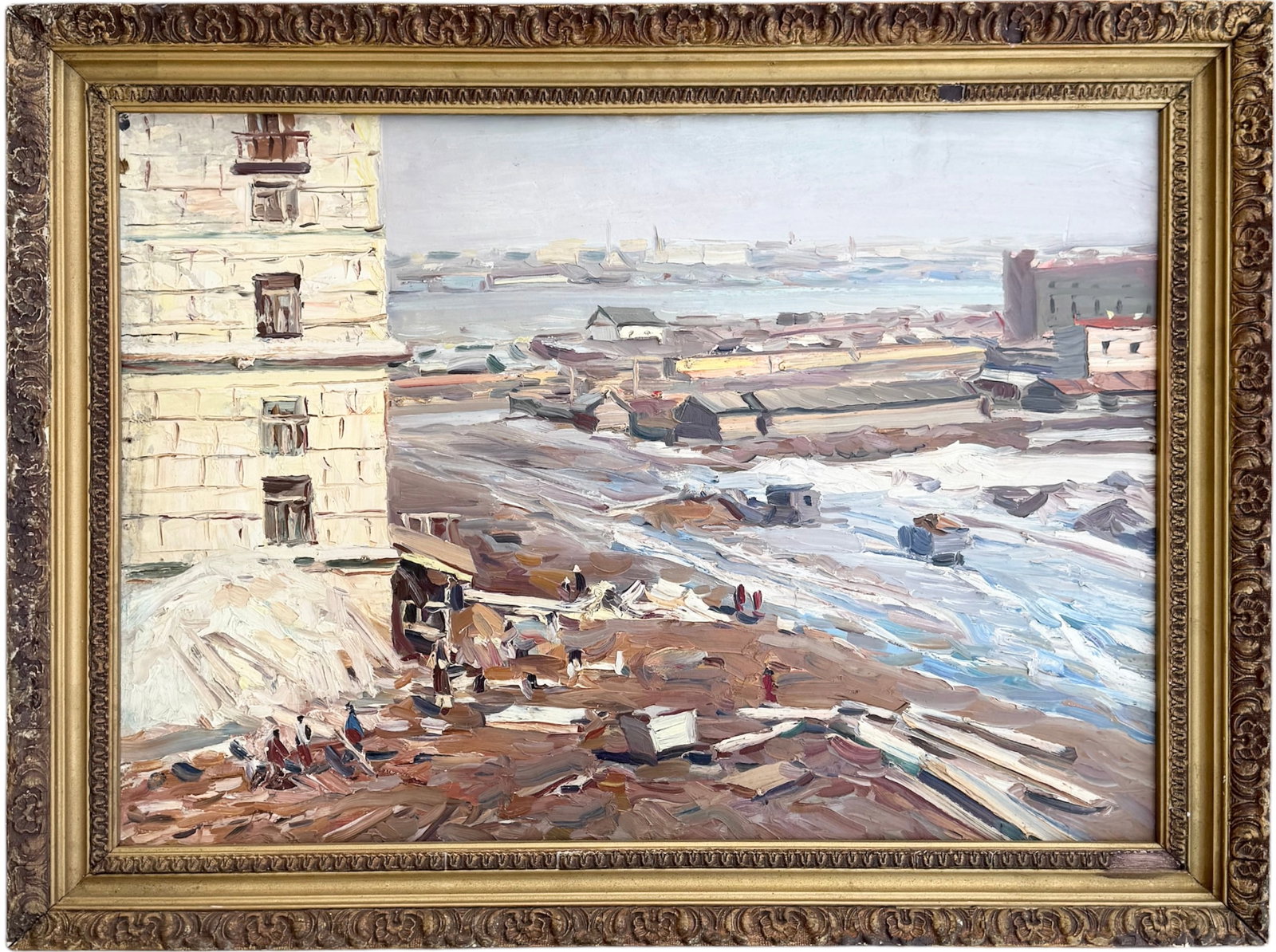 Mid-20th C. Russian Industrial Impasto Oil Painting "Stroyka" (Construction) Site 1973: Oil painting on board 27 x 19 1/2 in, 31 1/2 x 23 1/2 in (framed). Some writing on the reverse. Artist unknown. Heavy impasto. Soviet era/ postwar modernist