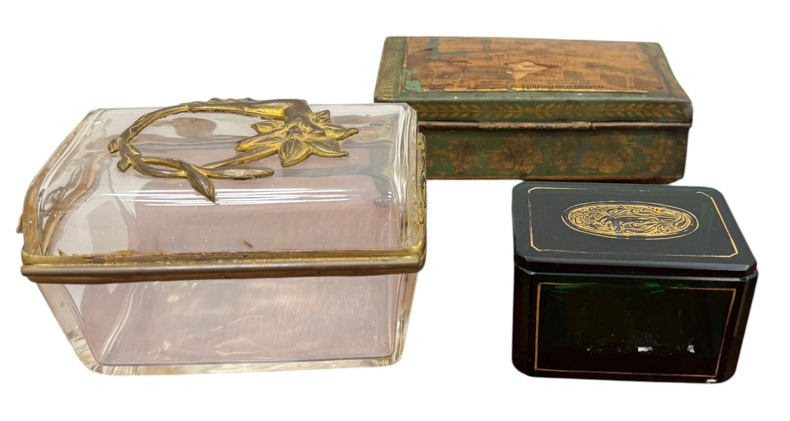 (3) Antique & Vintage Glass & Decorative Trinket Boxes: Size 6 x 3 x 4 in (largest)