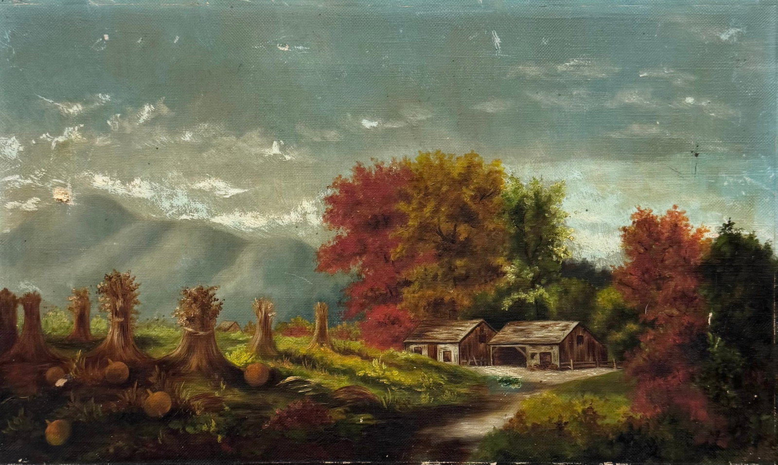 19th Century New England Fall landscape With Log Cabin Oil On Canvas: Oil painting on canvas 15 x 9 in.