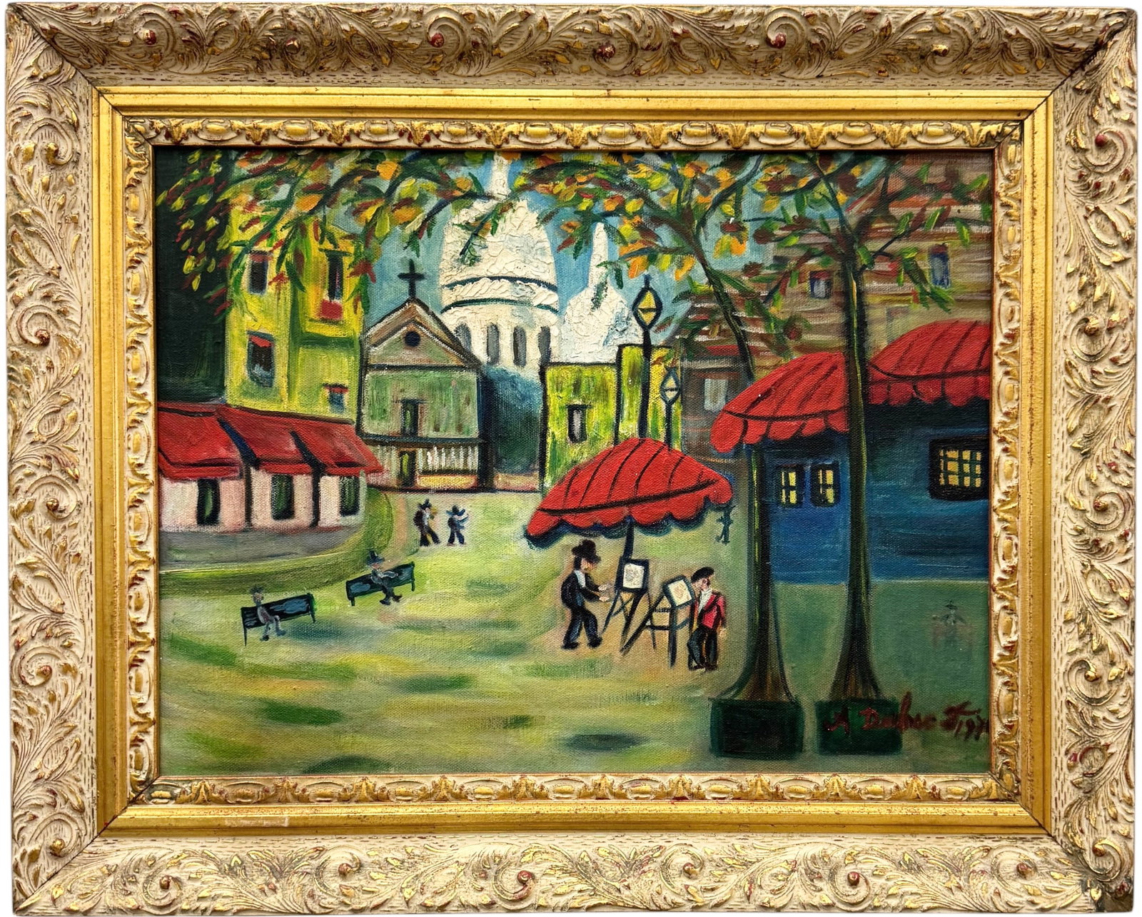Mid-Century Paris School Montmarte Signed Street Scene Oil Painting: Oil painting on canvas 16 x 12 in, 20 x 16 in (framed)