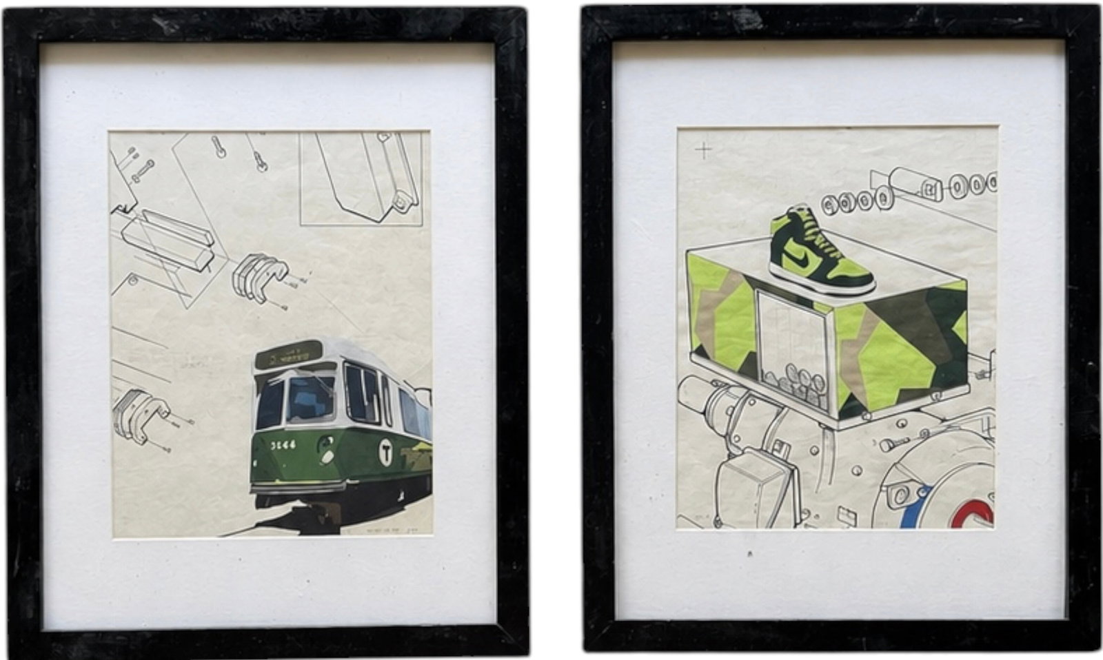 Mike Hammecker (Contemporary) Pair of Original Mixed Media Works on Paper, MBTA Green Line & Nike Du (1 of 3)